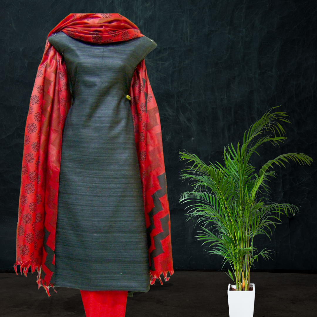 Block Printed Tussar Silk Suit -Black