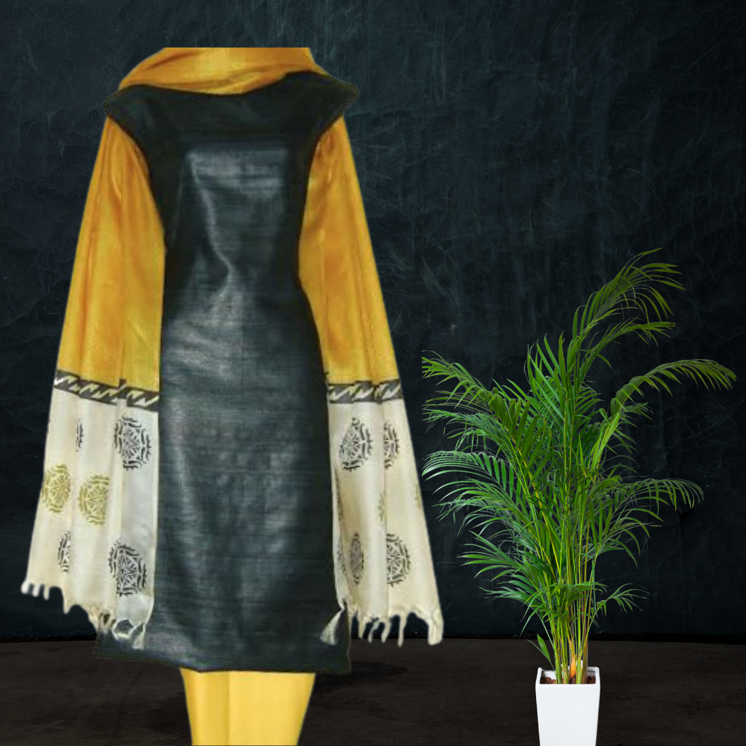 Block Printed Tussar Silk Suit -Black