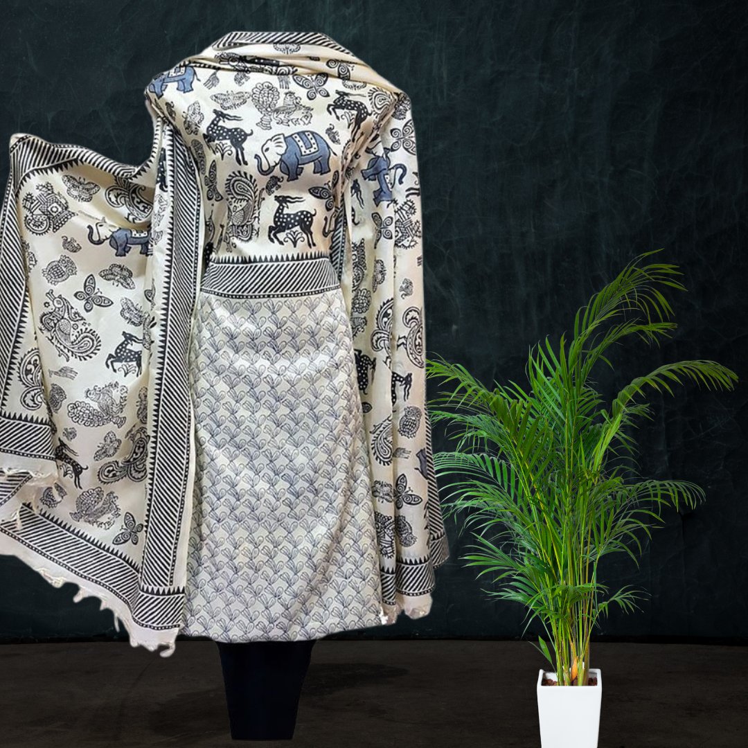 Block Printed Tussar Silk Suit -White
