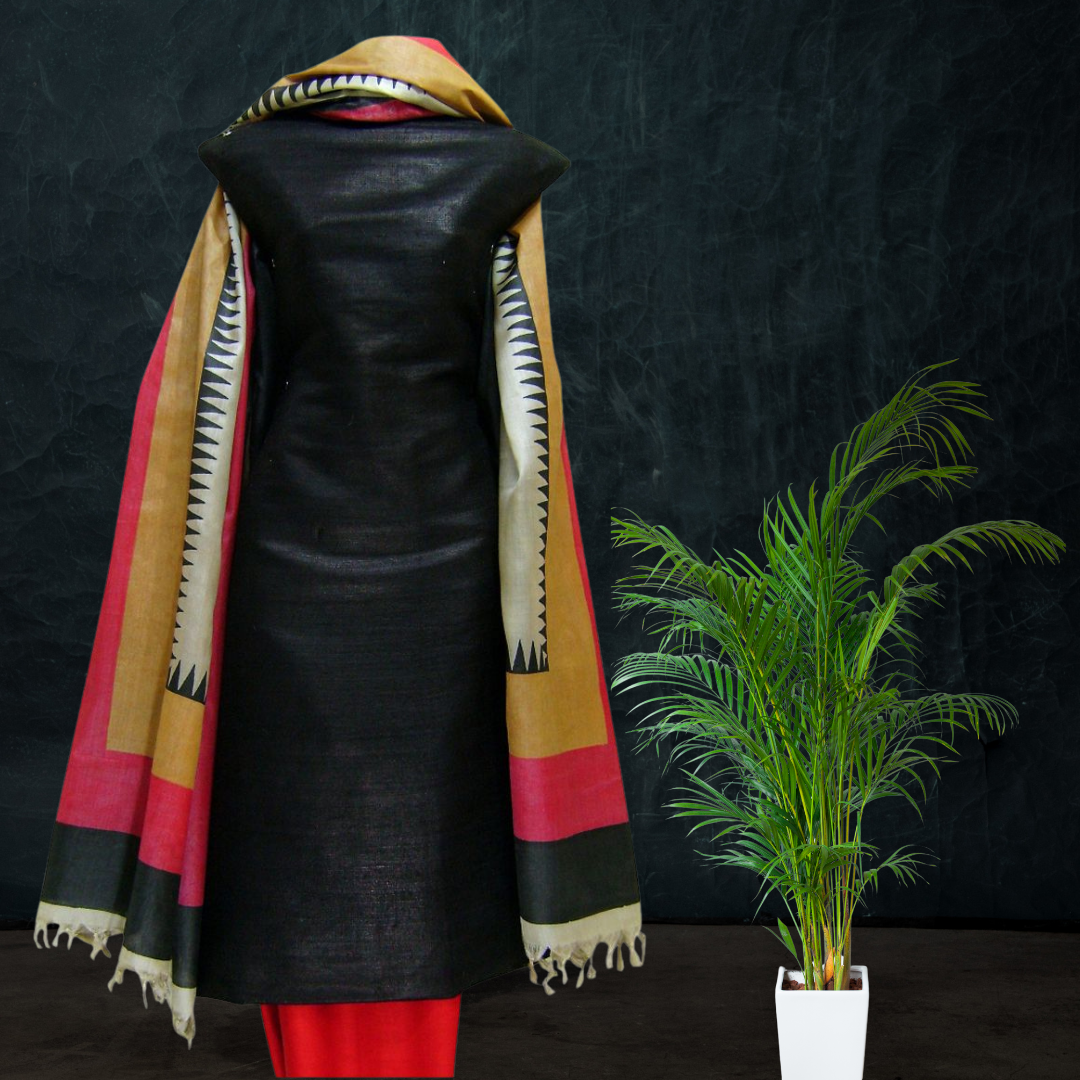 Block Printed Tussar Silk Suit -Black