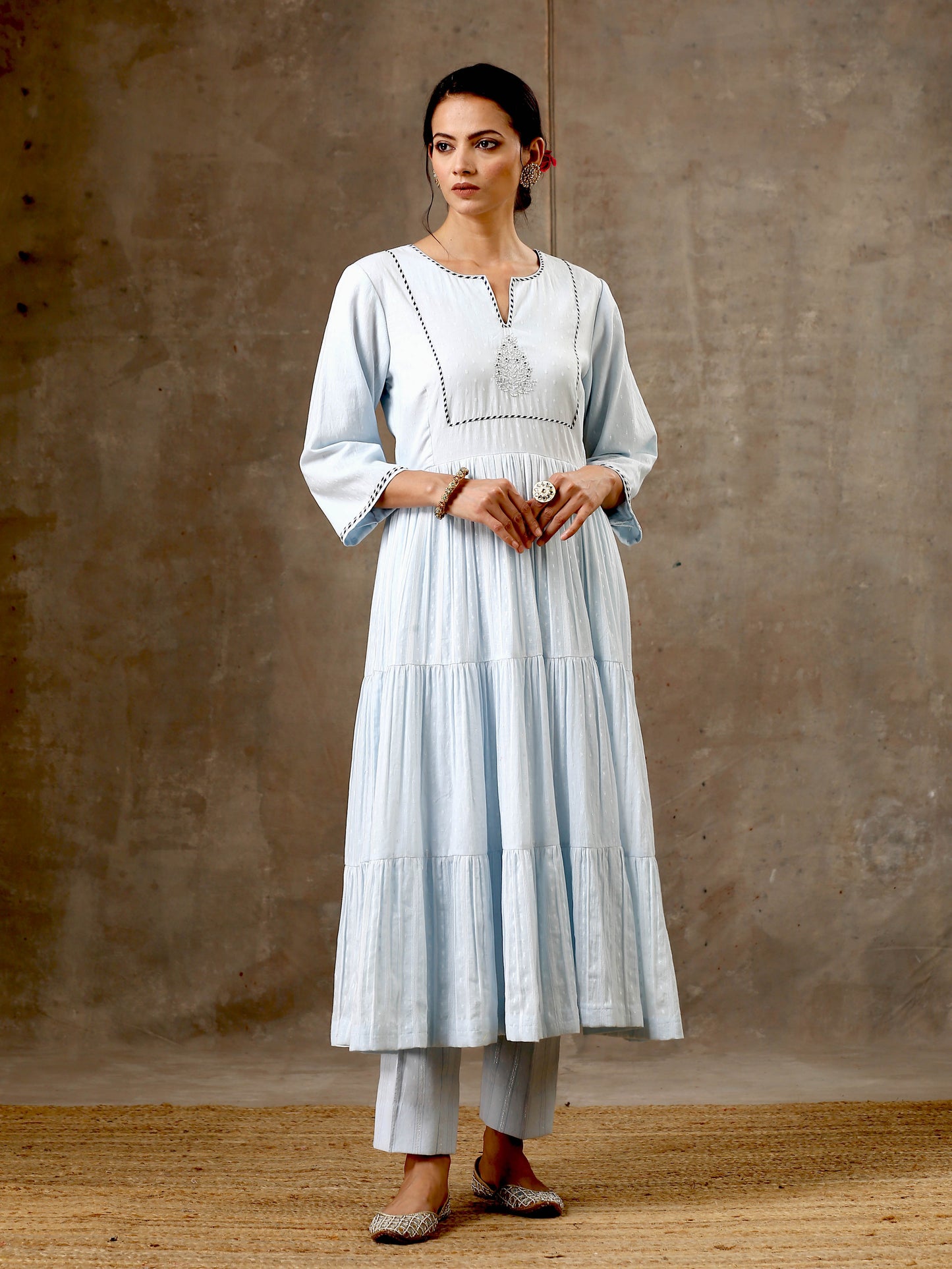 Woven Cotton Ensemble of 3 with Kota Dupatta - Ice Blue