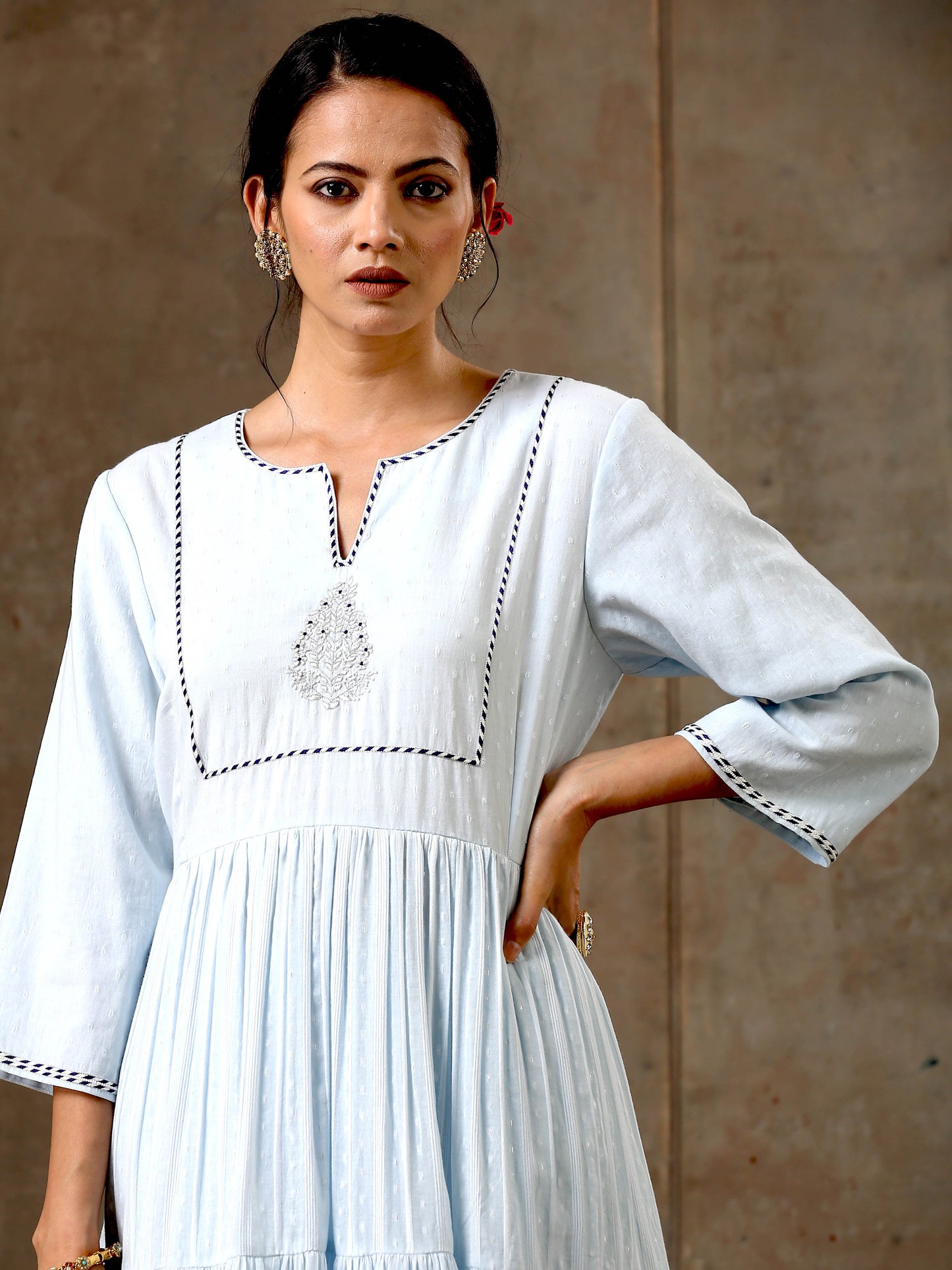 Woven Cotton Ensemble of 3 with Kota Dupatta - Ice Blue