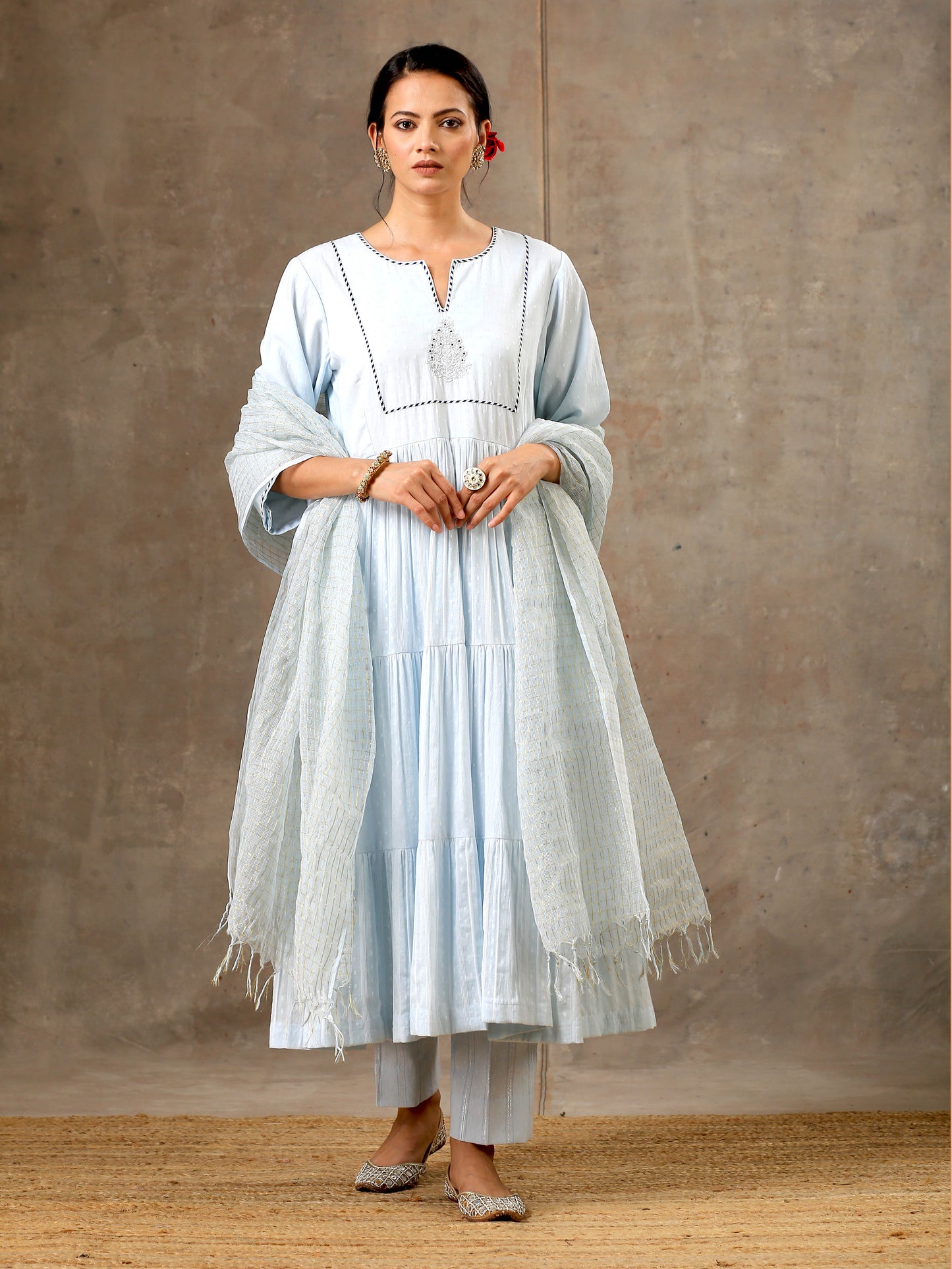 Woven Cotton Ensemble of 3 with Kota Dupatta - Ice Blue