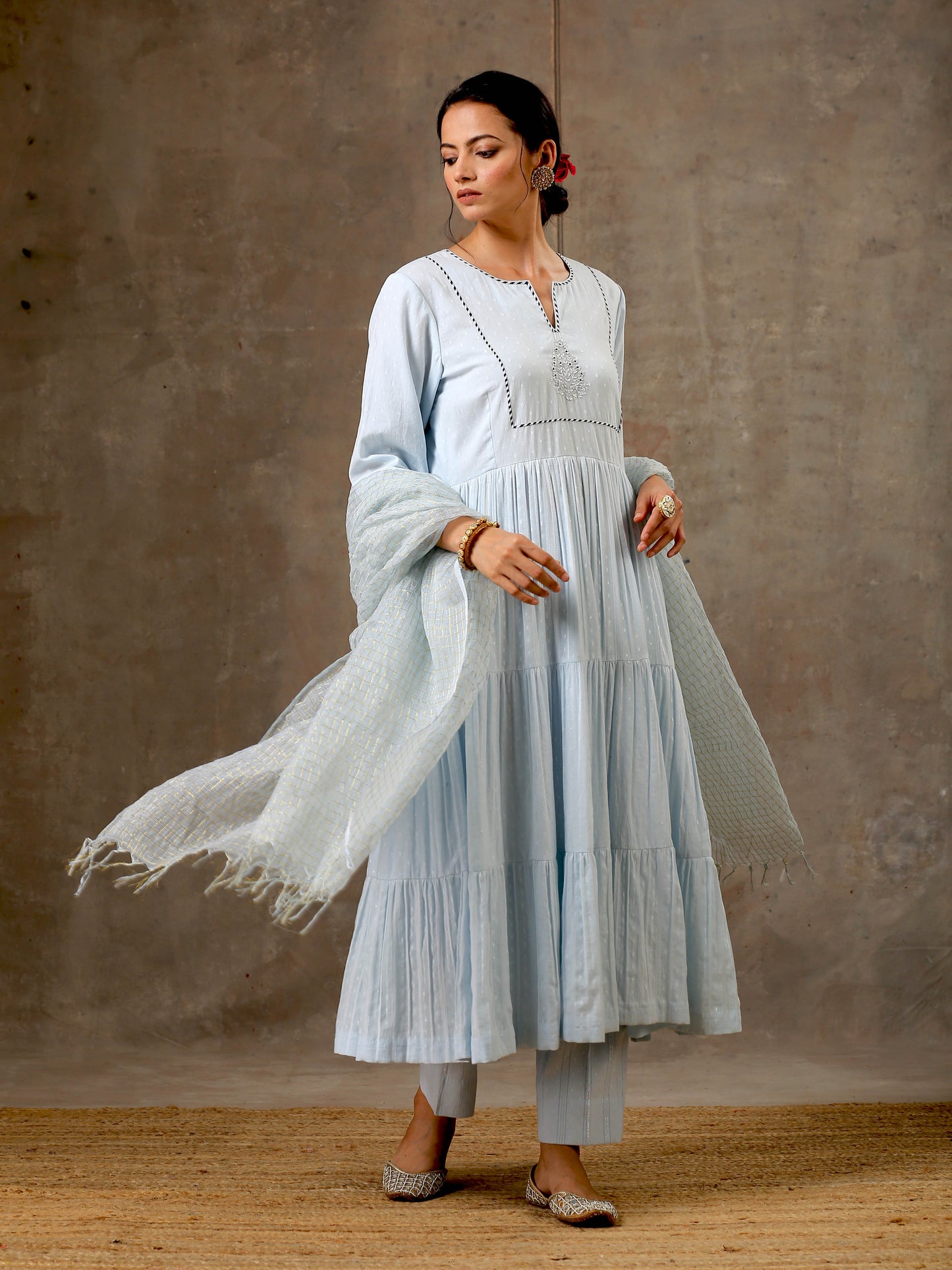 Woven Cotton Ensemble of 3 with Kota Dupatta - Ice Blue