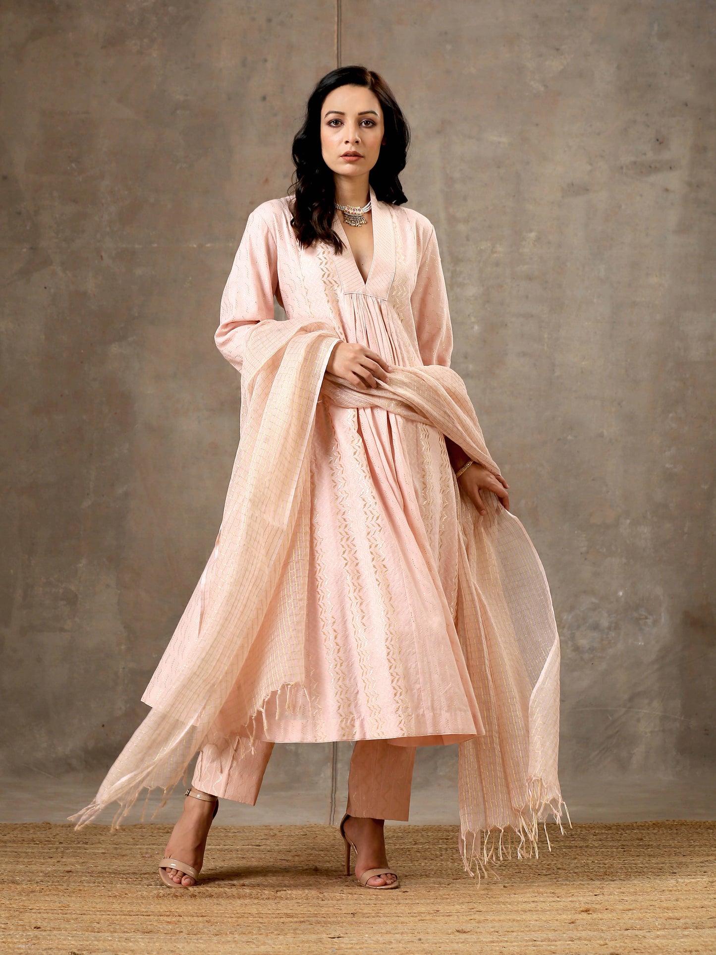 Woven Cotton Ensemble of 3 with Kota Dupatta - Powder Pink
