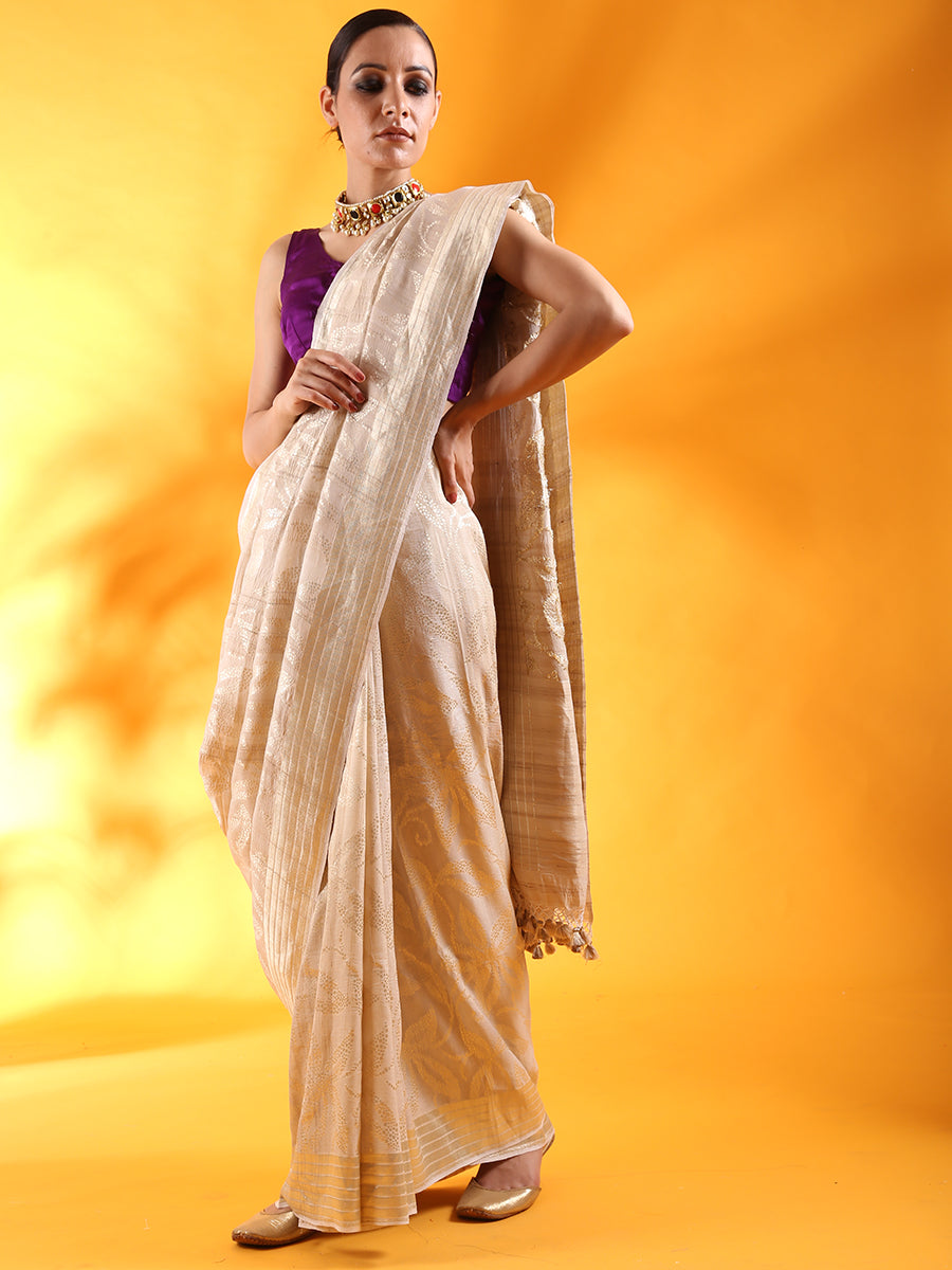 Beige Tussar Georgette Silk Saree
