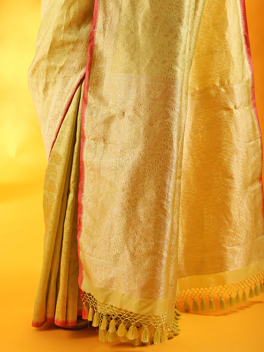 Pista Green with Pink Border Pure Banarasi Silk Saree.