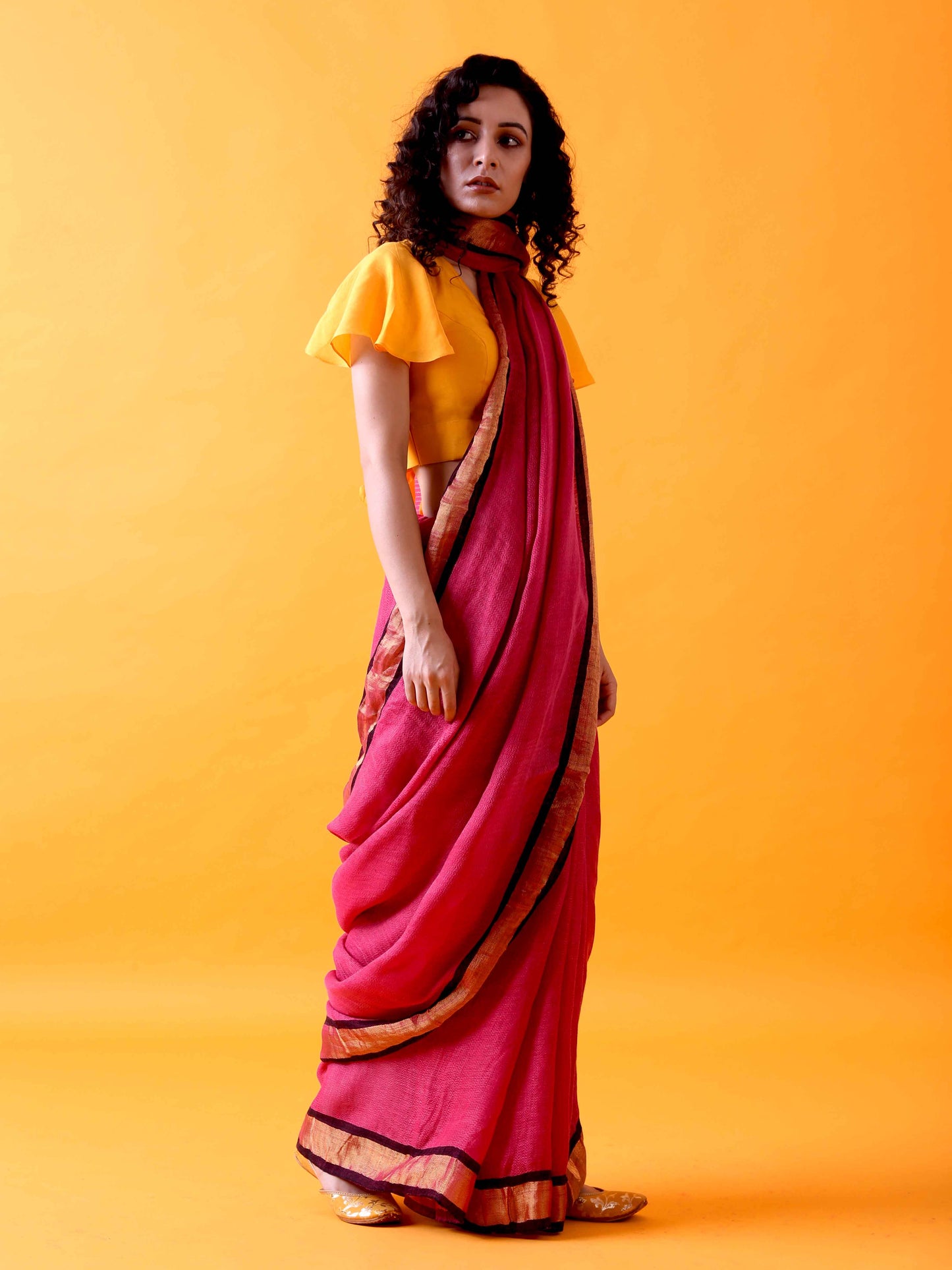 Magenta Pink Linen Saree with Zari Border