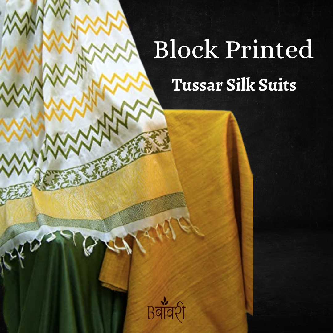 Block Printed Tussar Silk Suits