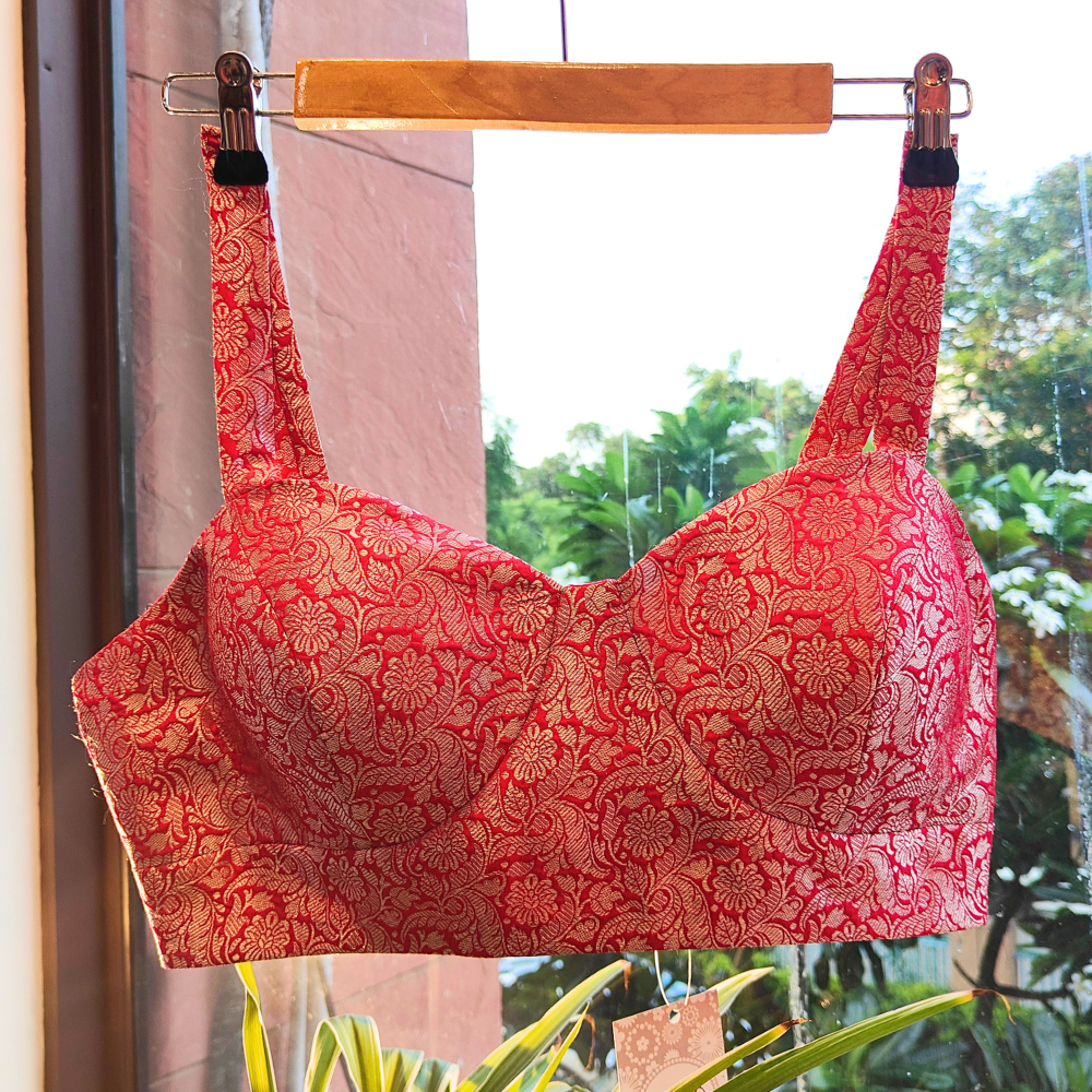Pink Brocade Silk Strap Bralette Blouse
