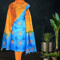Printed Tussar Silk Suit in Blue and Orange
