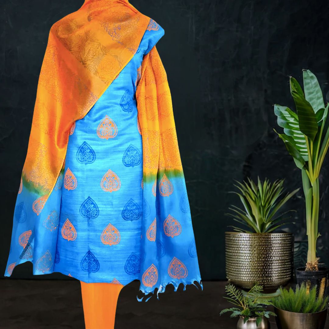 Printed Tussar Silk Suit in Blue and Orange