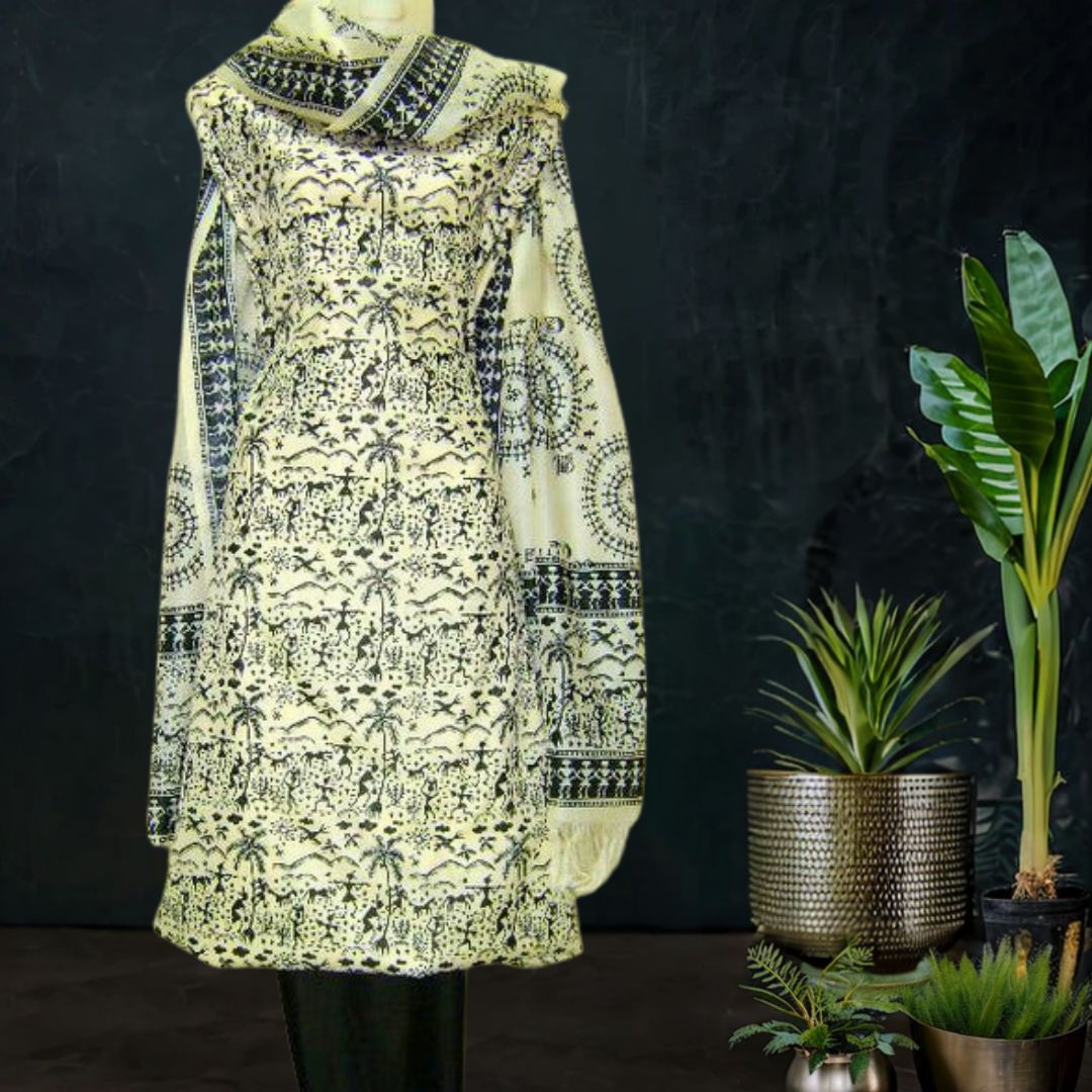 Printed Tussar Silk Dress Material with in Off White Black with Worli Motif
