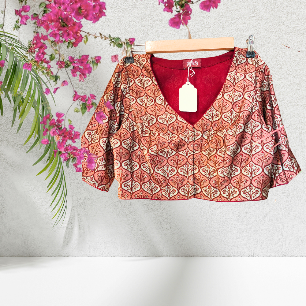 Printed Chanderi Red Silk Blouse