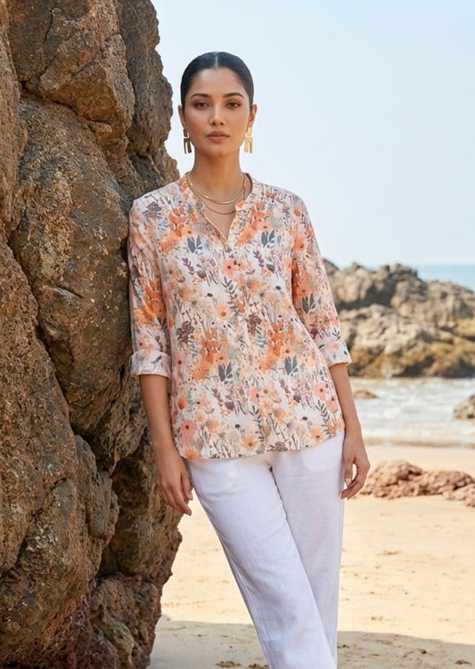 Printed Floral Shirt in Linen Cotton