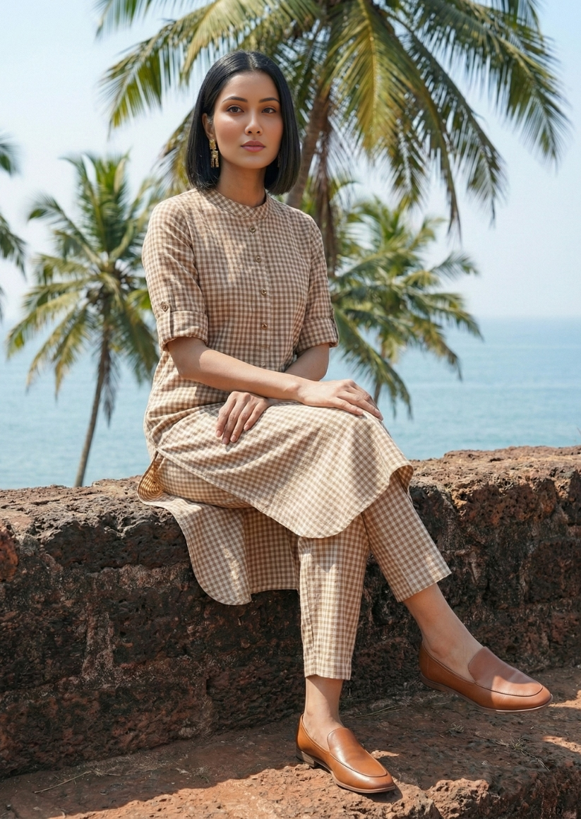Woven Handloom Cotton Checked Kurta Co ord Set