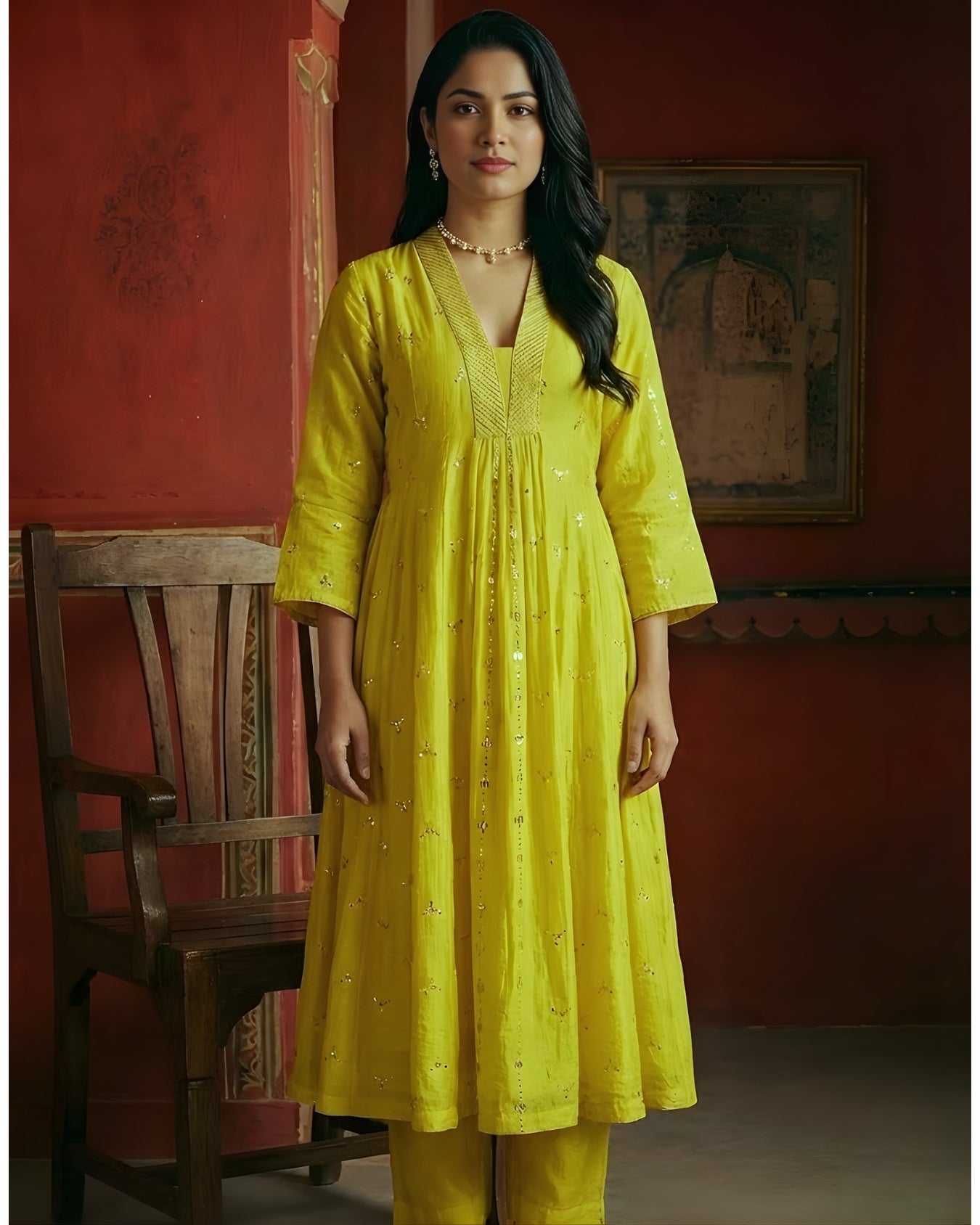Neon Yellow Chanderi Silk Kurta Set with Embroidery and Mukaish Dupatta
