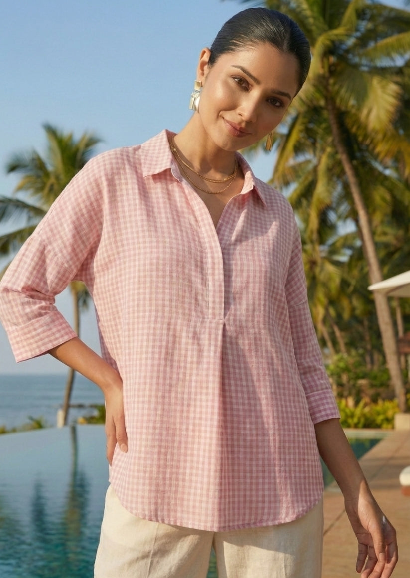 Cotton Linen Check Shirt Pink