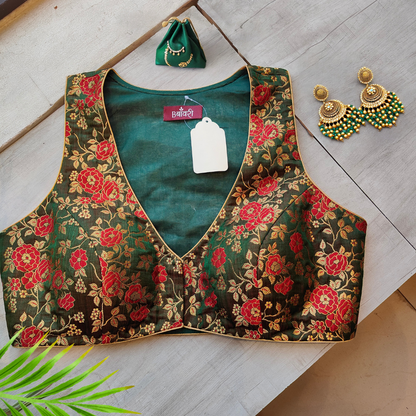 Handwoven Jaal Work Green Satin Silk Blouse