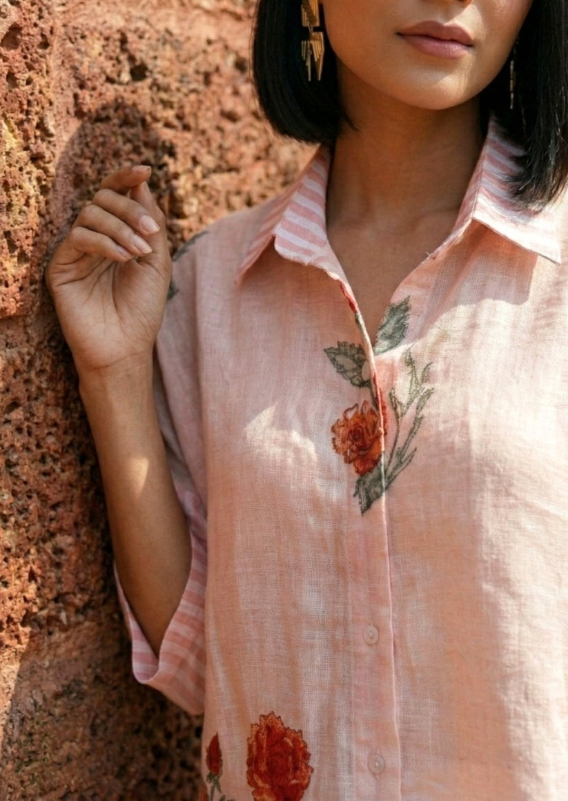 Pink Floral Printed Linen Shirt for Women