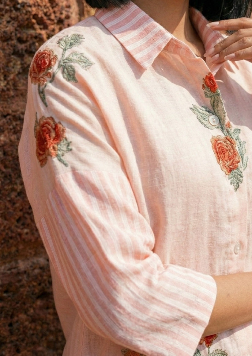 Pink Floral Printed Linen Shirt for Women