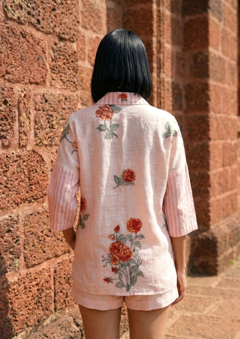 Pink Floral Printed Linen Shirt for Women
