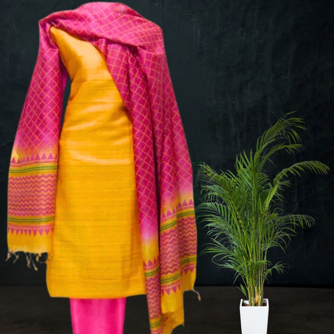 Yellow Pink Tussar Silk Dress Material