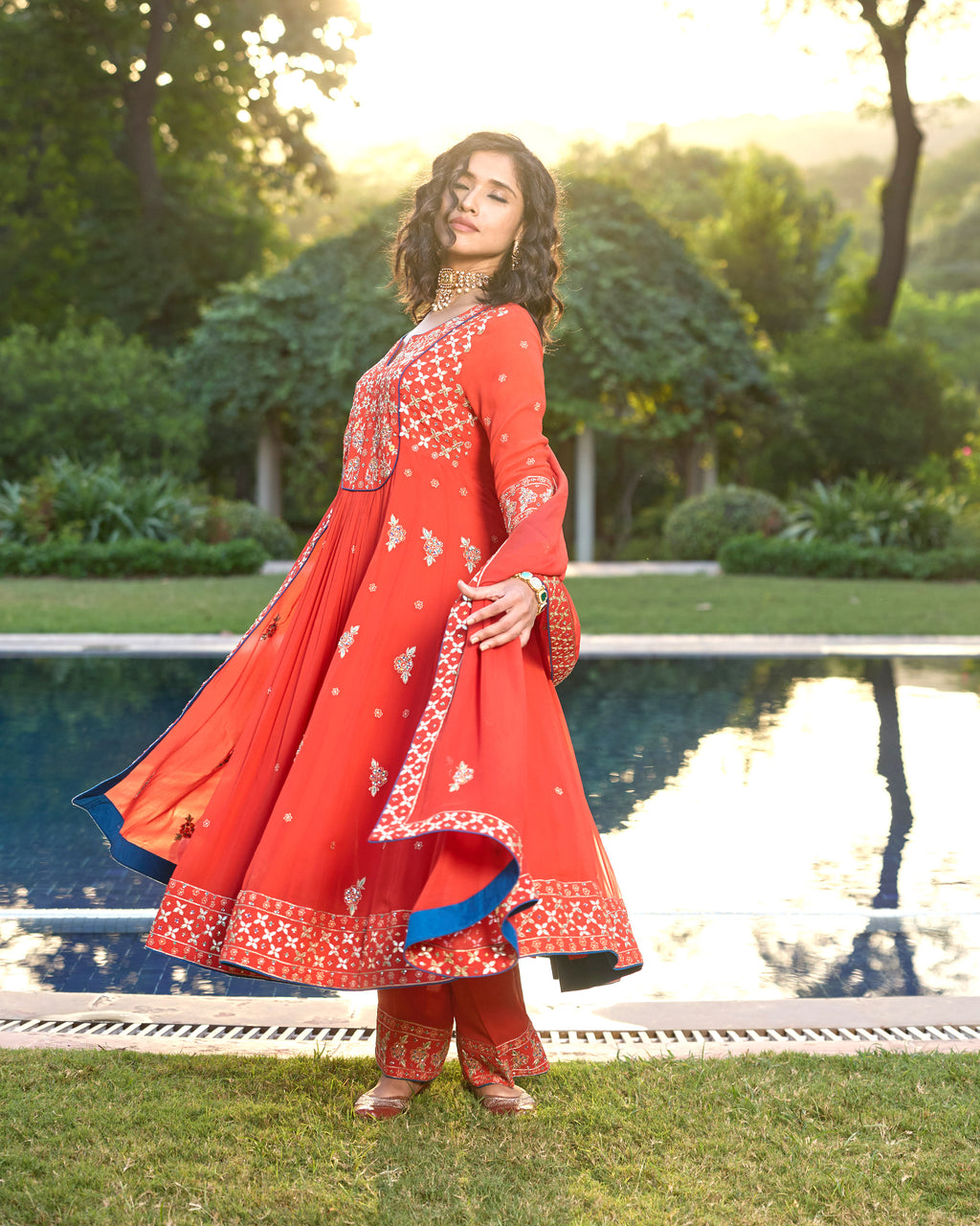 Red Georgette Kali Kurta with Gota Patti Embroidery