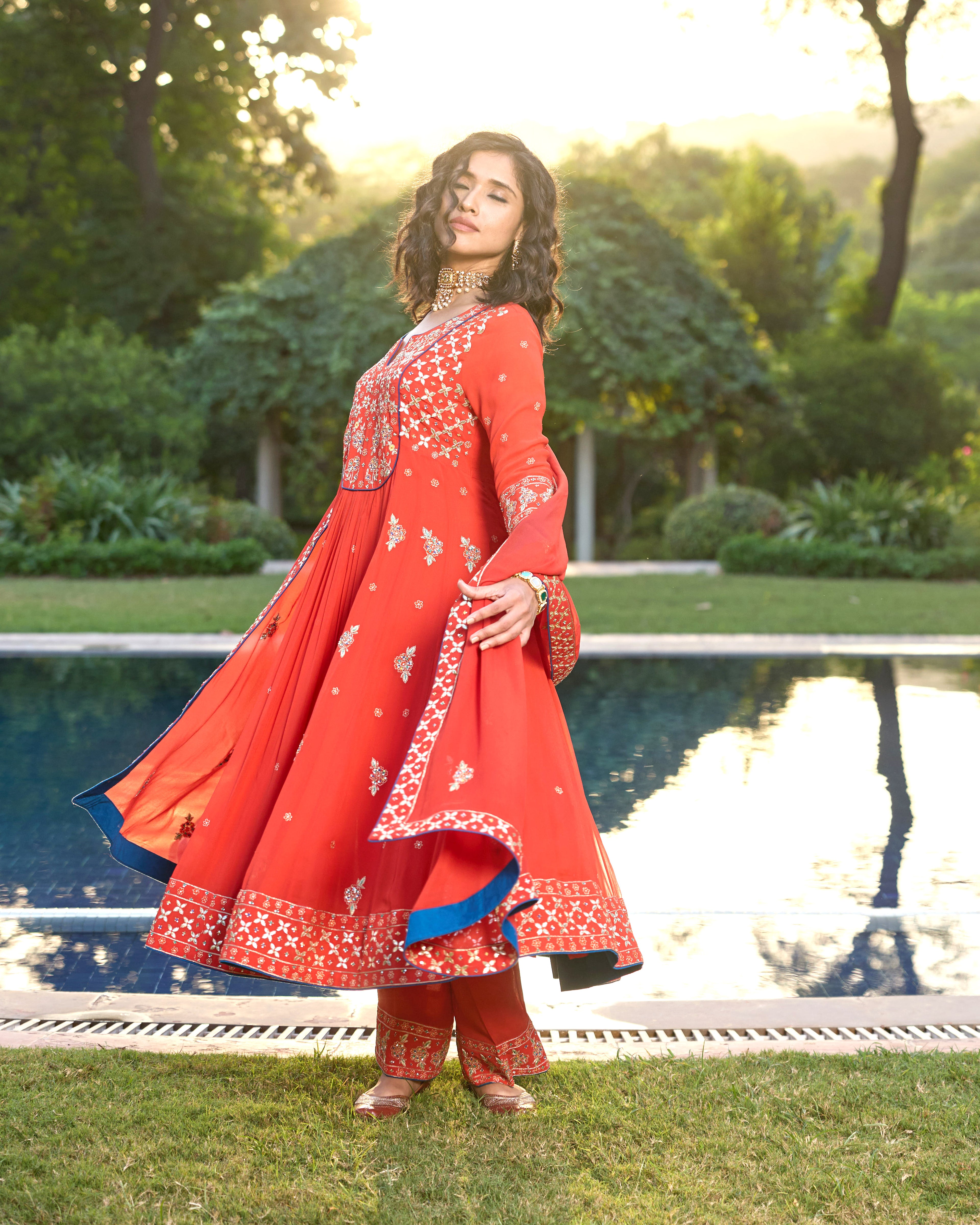Red Georgette Kali Kurta with Gota Patti Embroidery