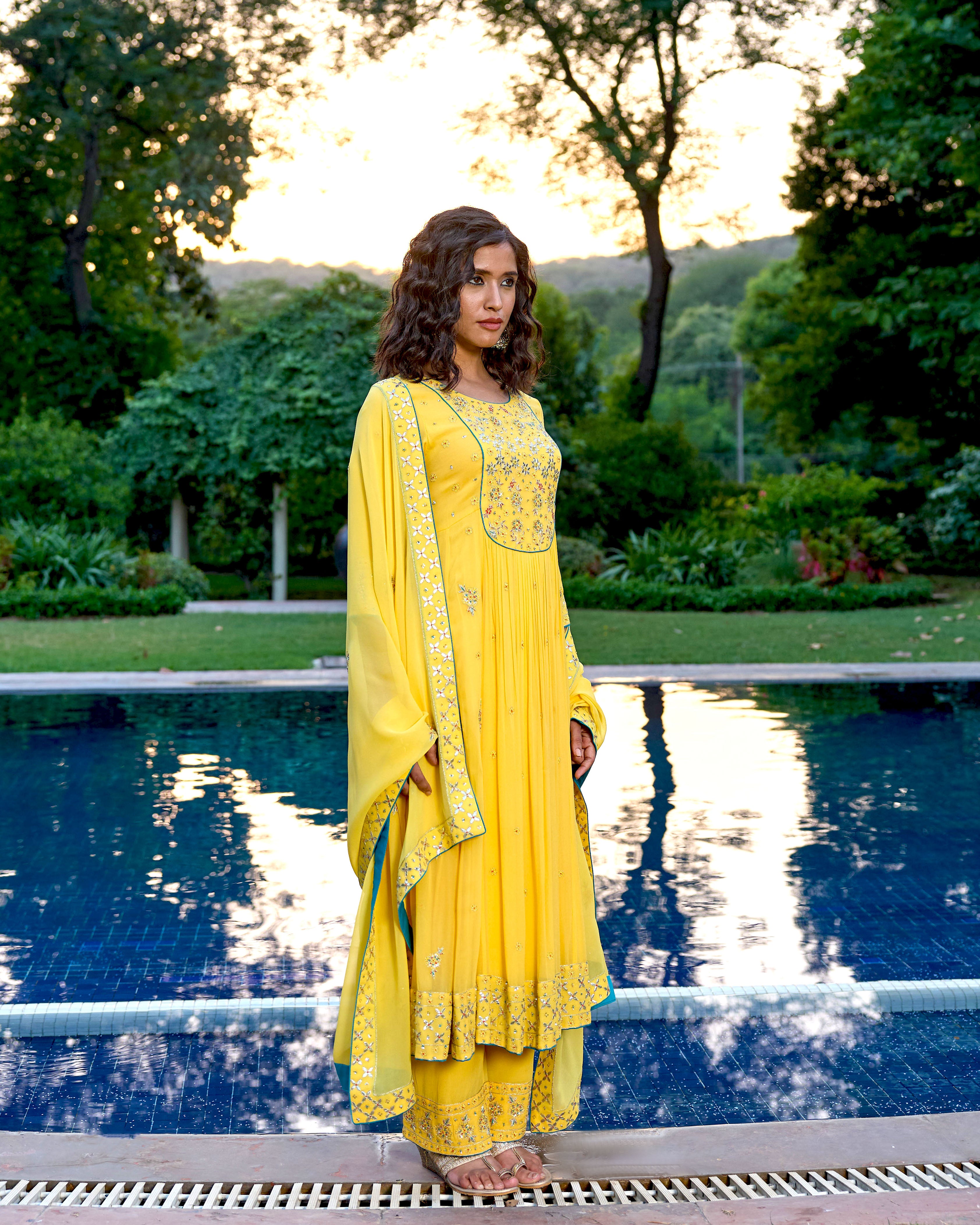 Yellow Georgette Kali Kurta with Gota Patti