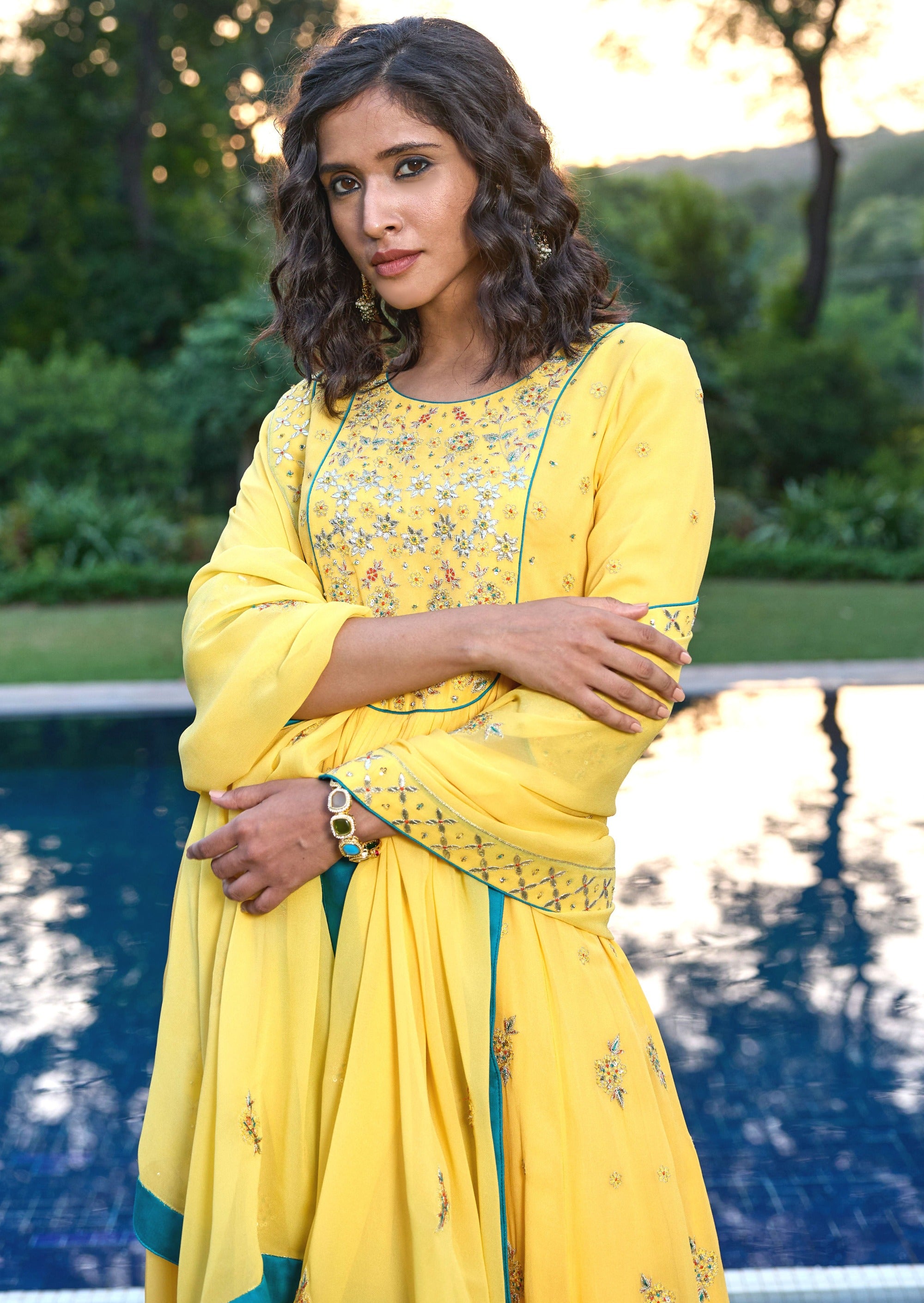 Yellow Georgette Kali Kurta with Gota Patti