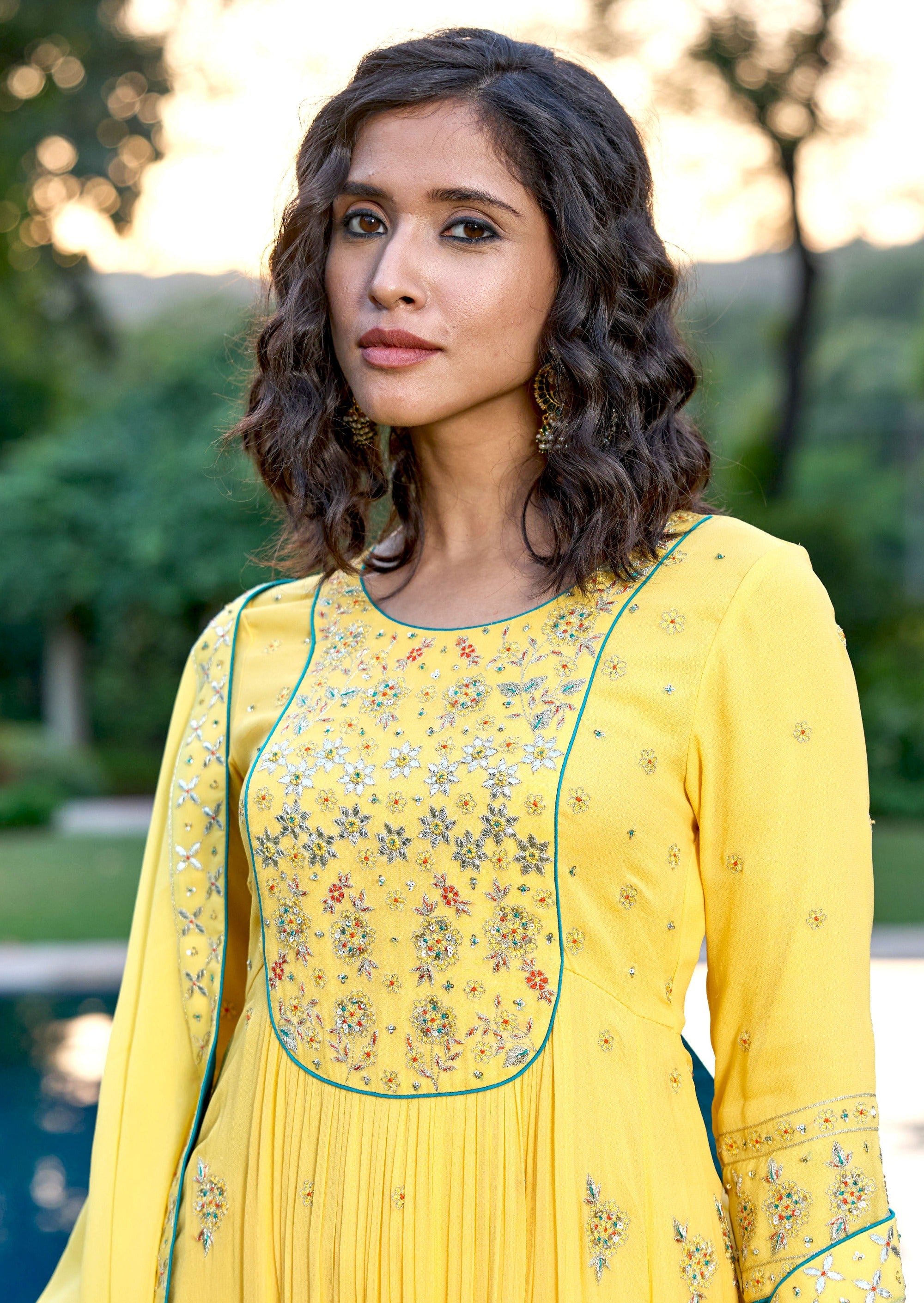 Yellow Georgette Kali Kurta with Gota Patti
