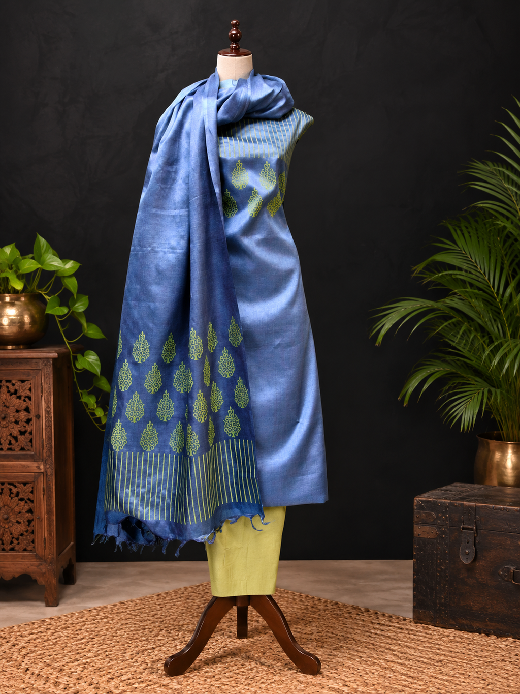 A blue and green printed silk kurta set displayed on a wooden dress form mannequin, styled with a matching blue dupatta featuring green motifs and gold zari borders. The mannequin is set against a dark textured wall with decorative plants and wooden furniture.