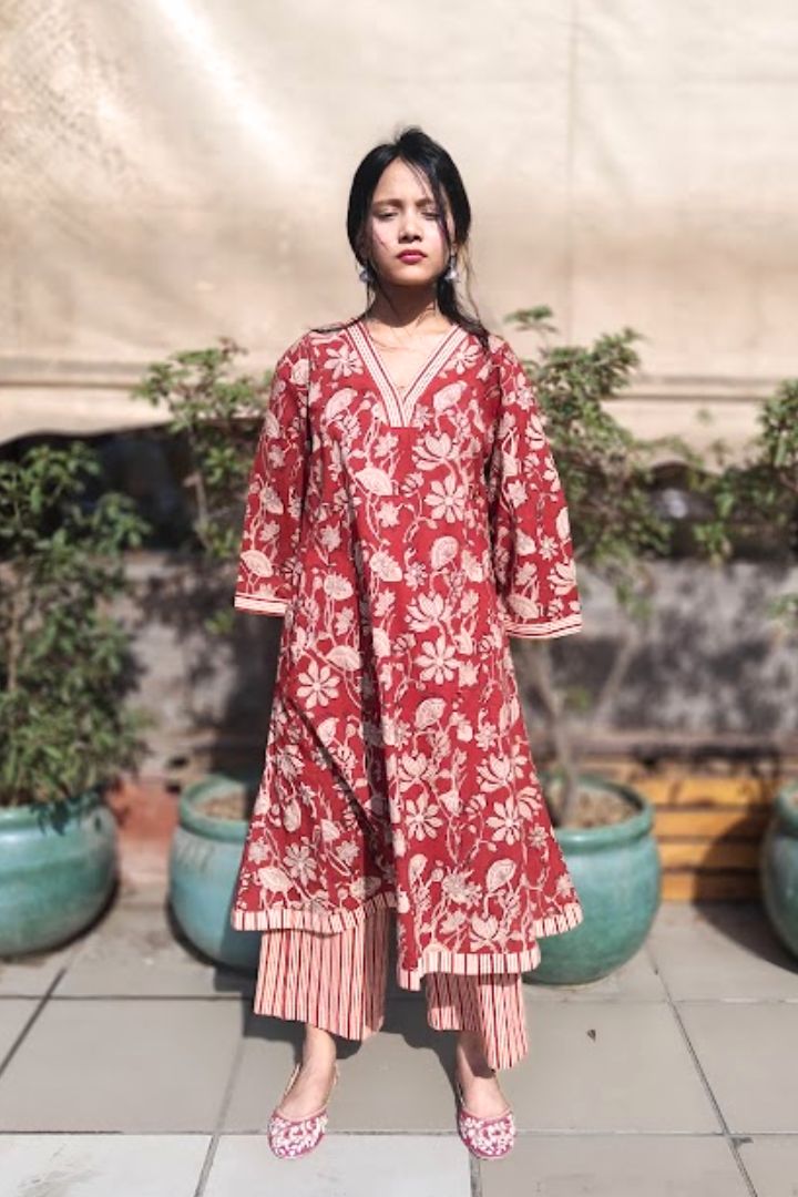 Bagru Handblock Cotton Kurta Set with pockets.