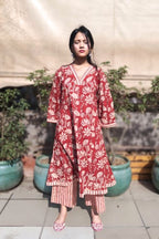 Bagru Handblock Cotton Kurta Set with pockets.