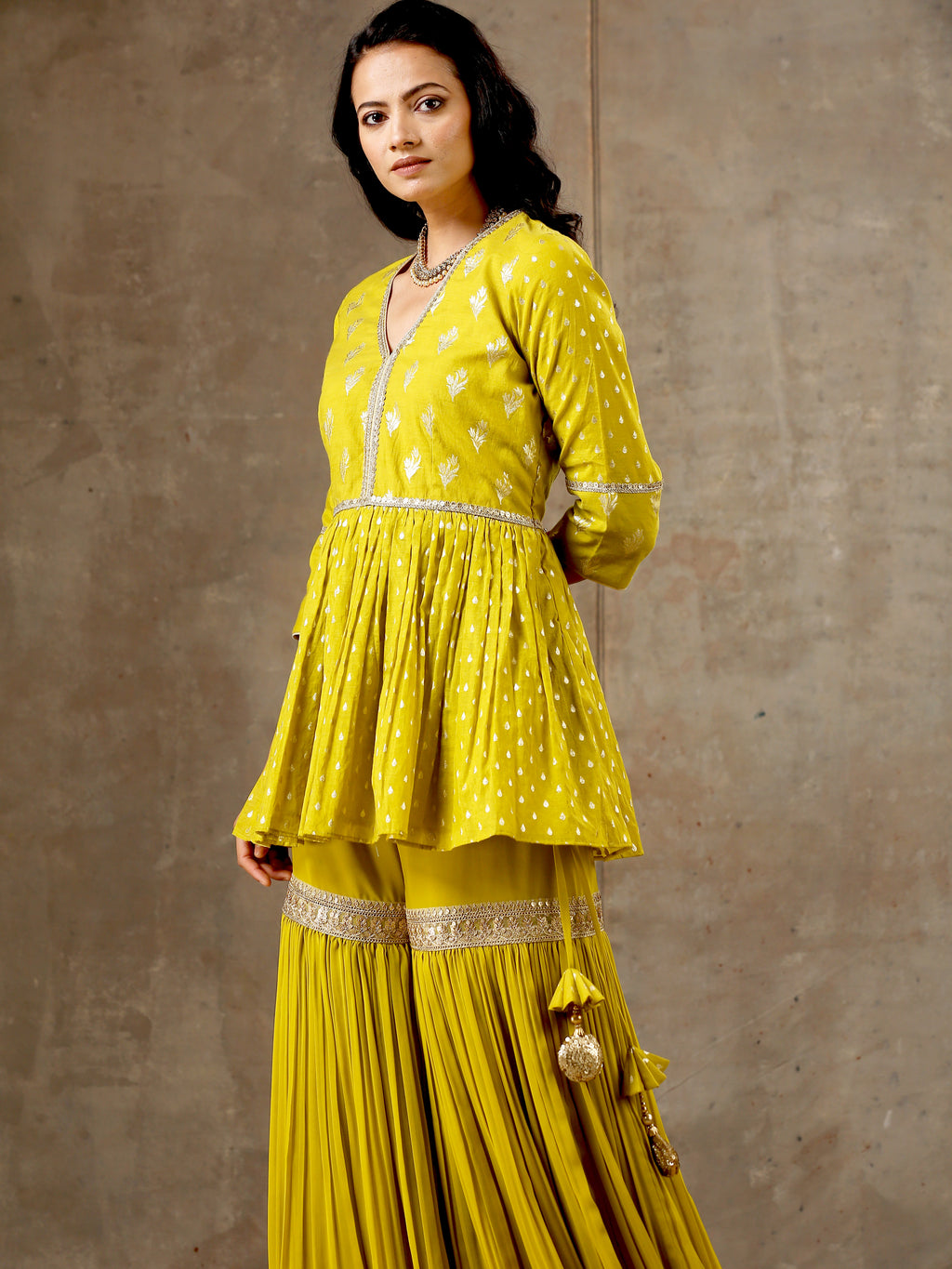Peplum Sharara Set in Mustard Olive Shade