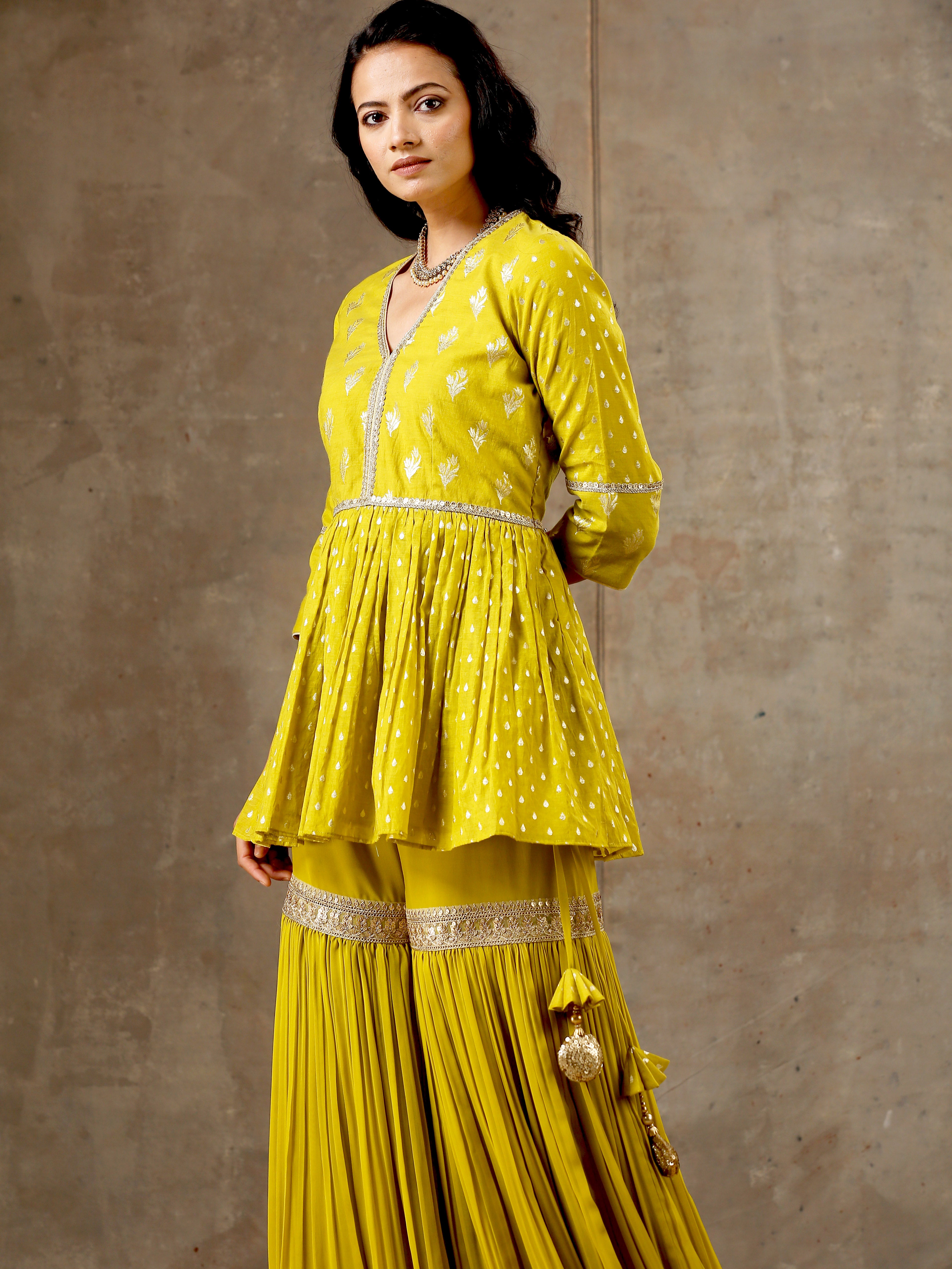 Peplum Sharara Set in Mustard Olive Shade
