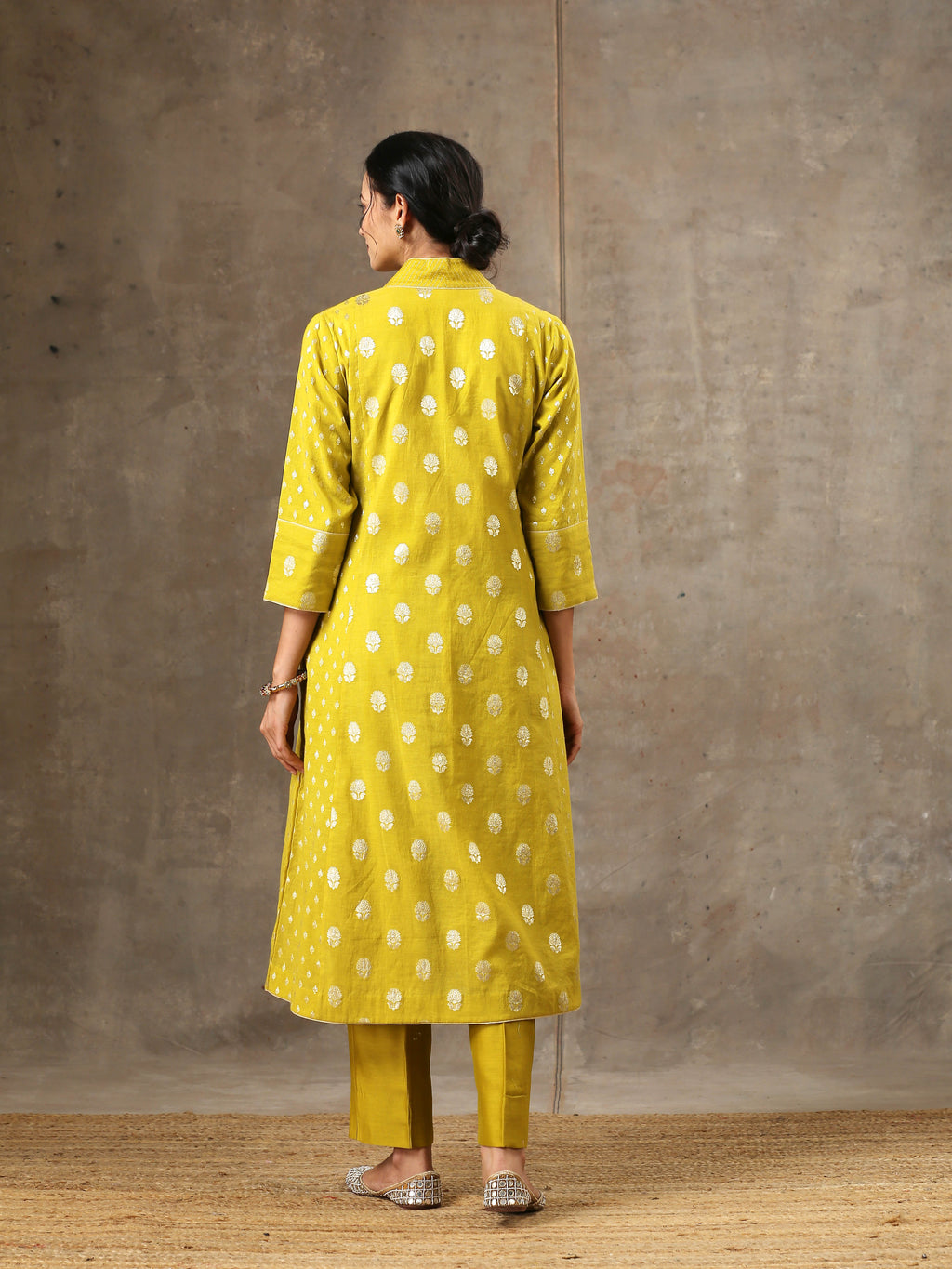 Mustard Yellow Chanderi Silk Kurta Set in 5 Kalis