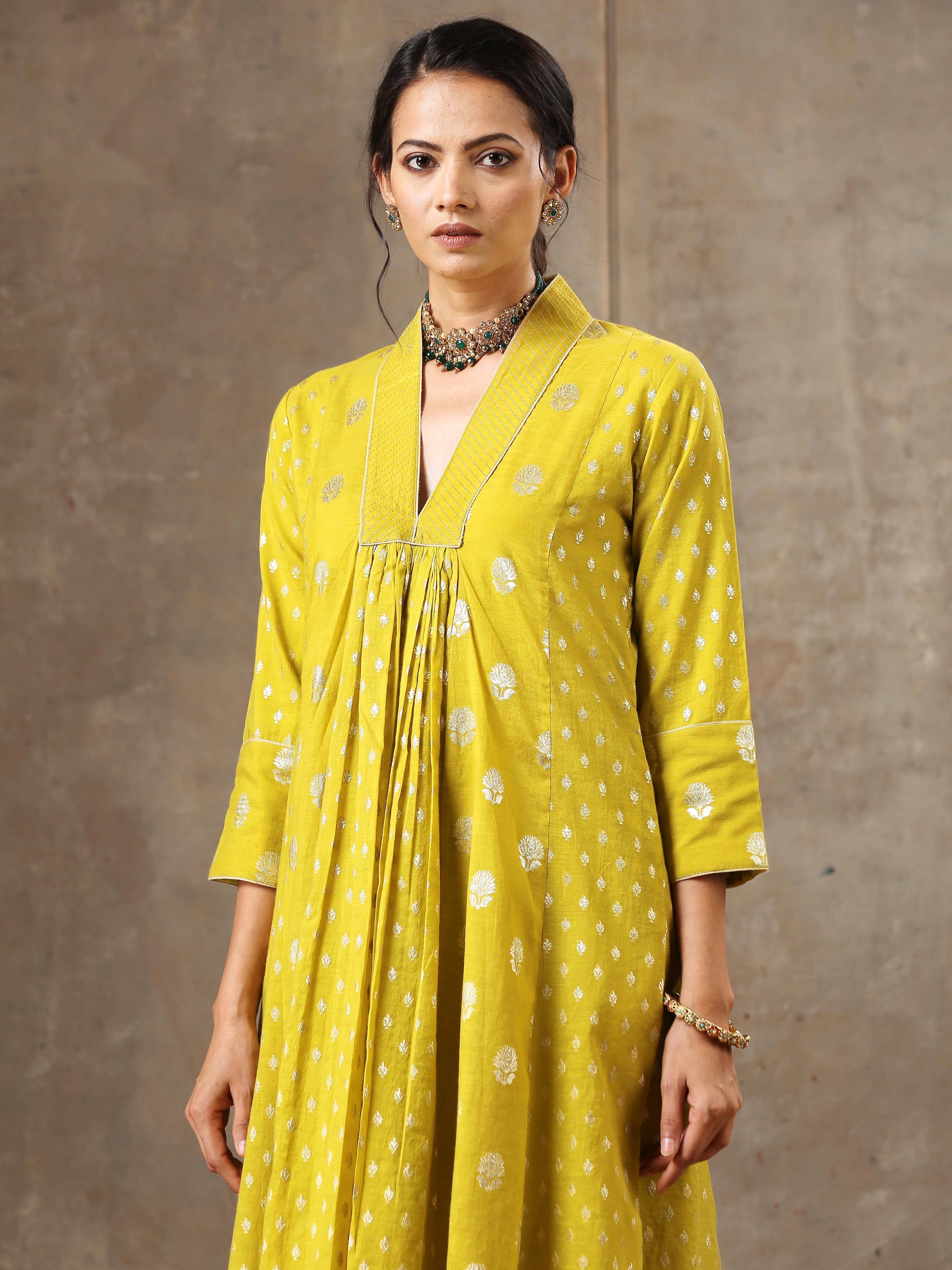 Mustard Yellow Chanderi Silk Kurta Set in 5 Kalis
