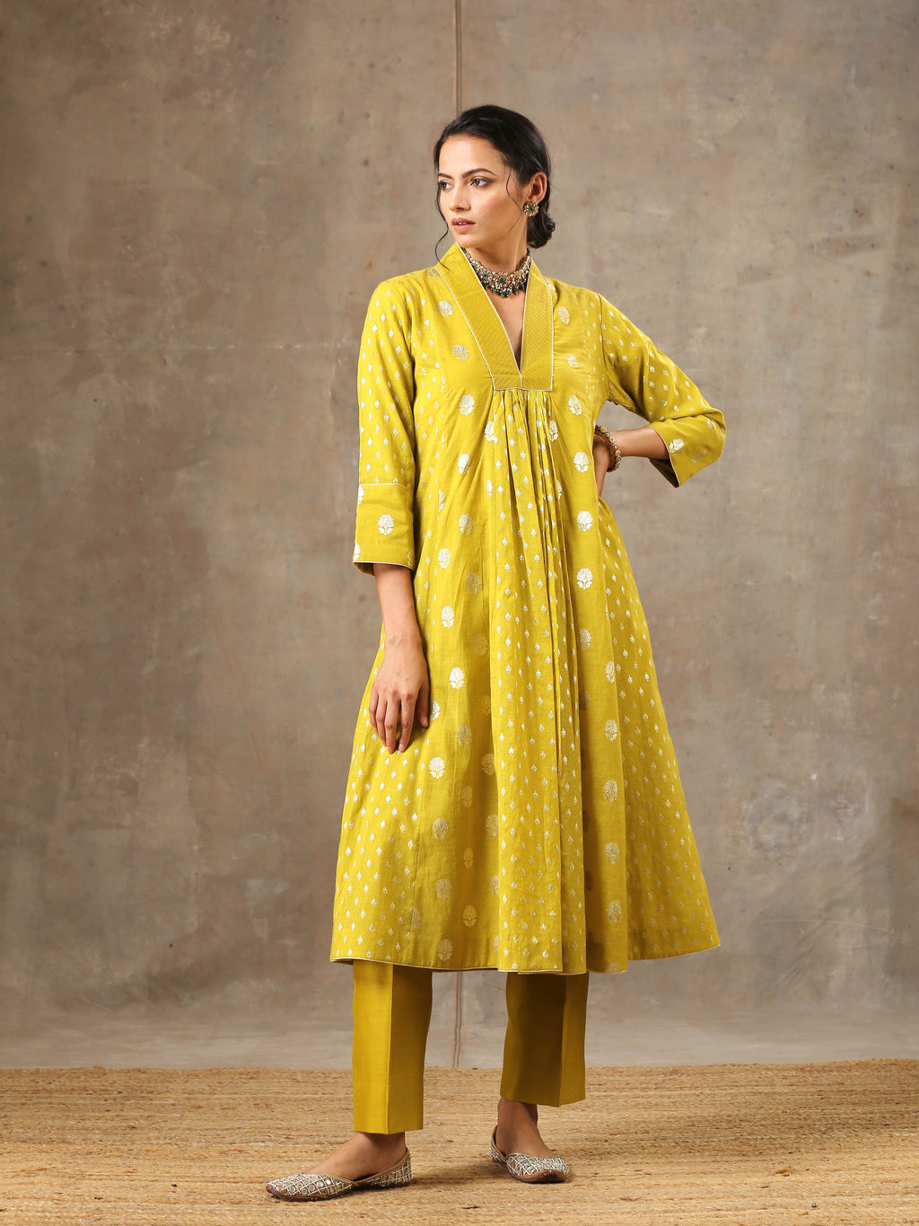 Mustard Yellow Chanderi Silk Kurta Set in 5 Kalis