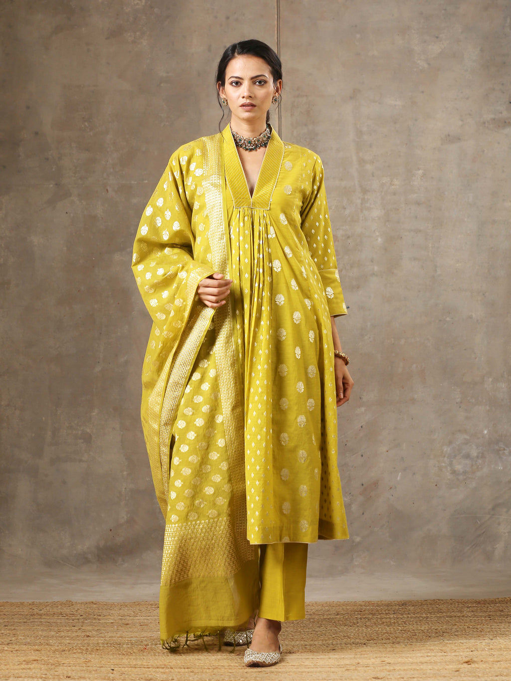 Mustard Yellow Chanderi Silk Kurta Set in 5 Kalis