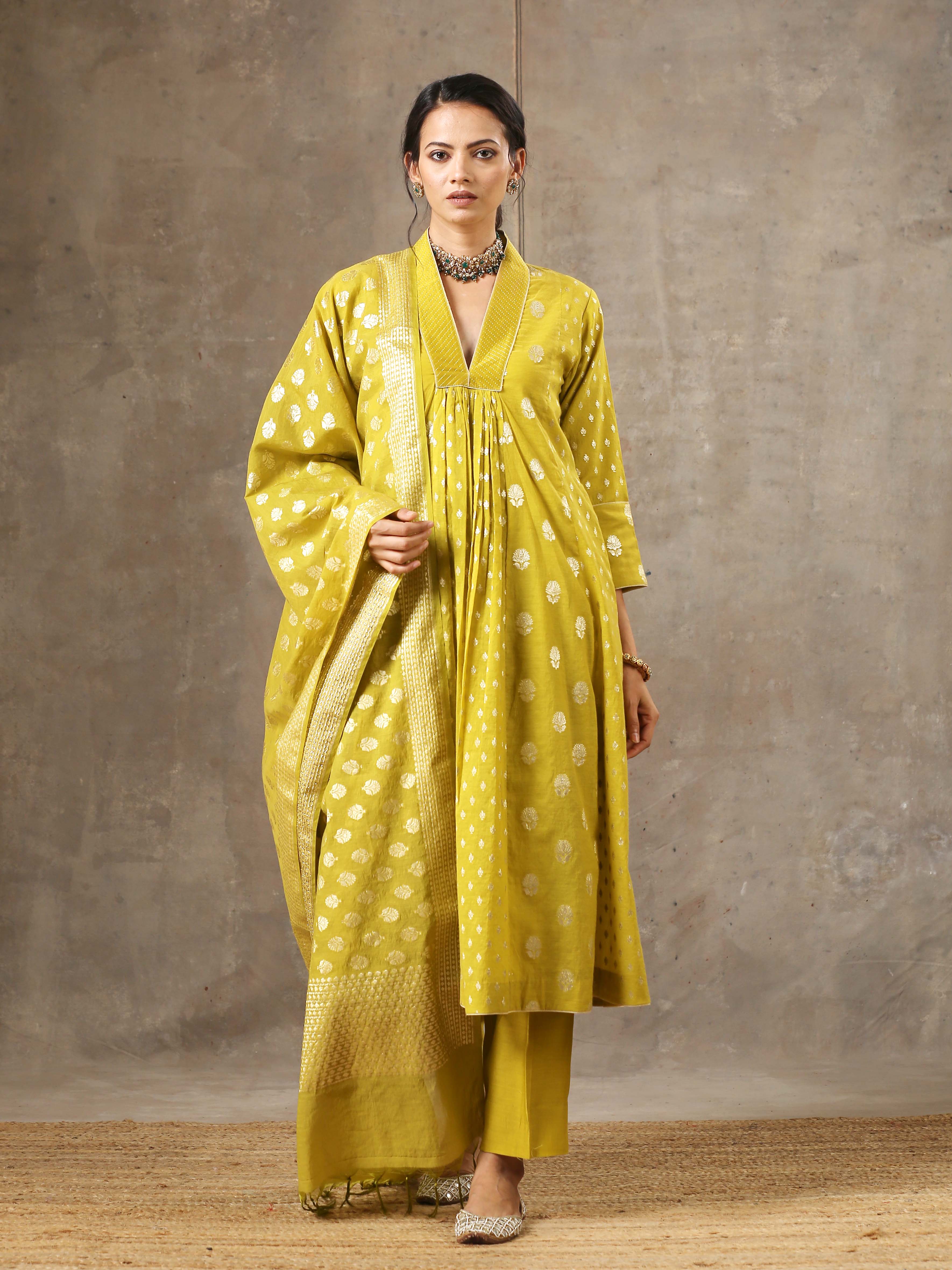 Mustard Yellow Chanderi Silk Kurta Set in 5 Kalis