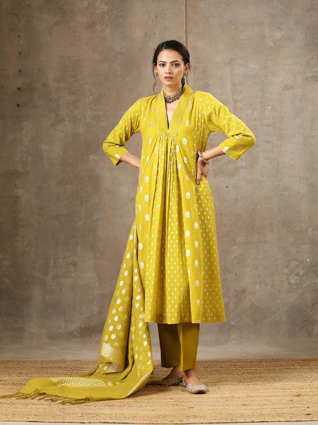 Mustard Yellow Chanderi Silk Kurta Set in 5 Kalis