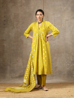 Mustard Yellow Chanderi Silk Kurta Set in 5 Kalis