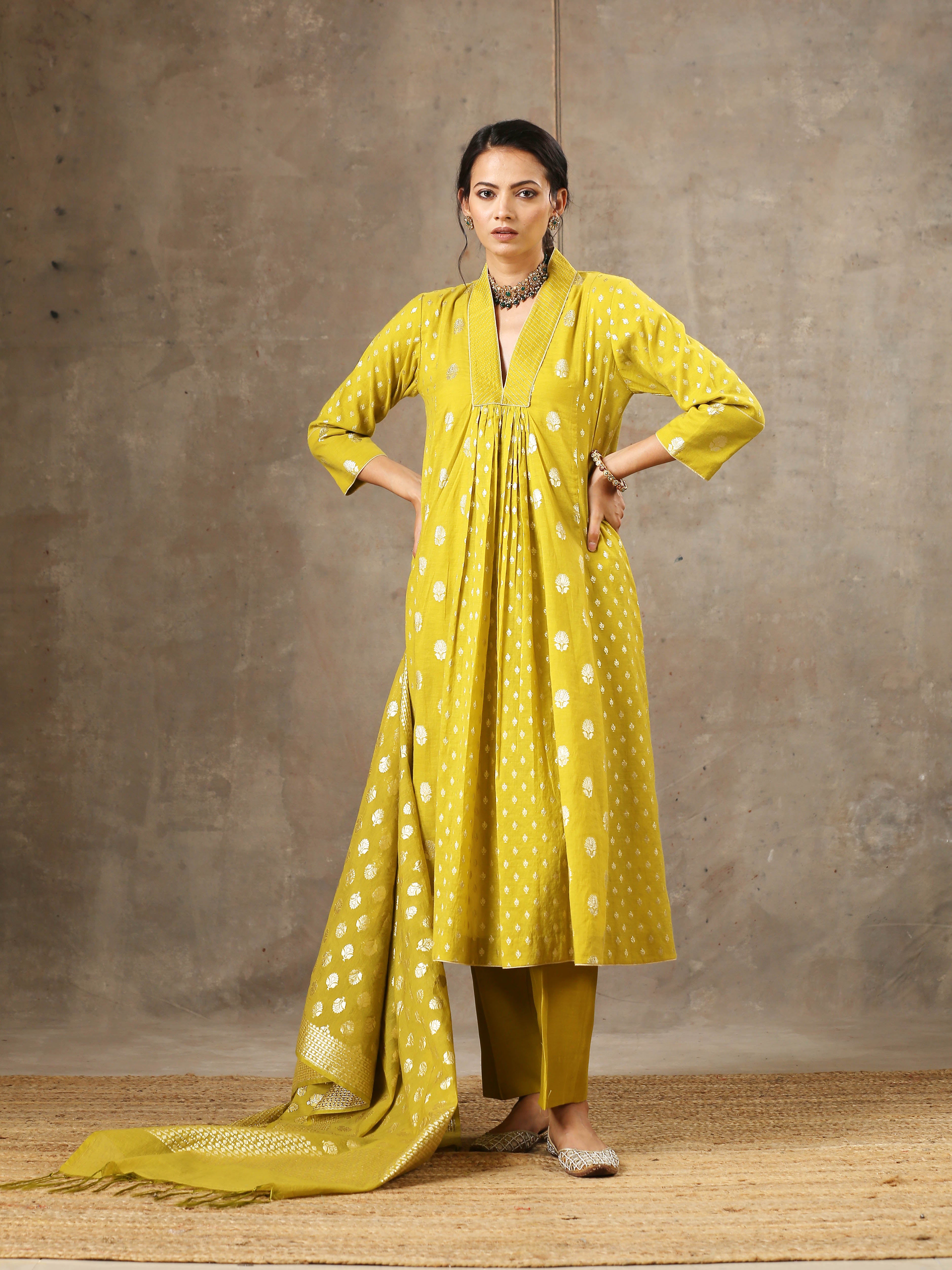 Mustard Yellow Chanderi Silk Kurta Set in 5 Kalis