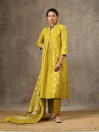 Mustard Yellow Chanderi Silk Kurta Set in 5 Kalis