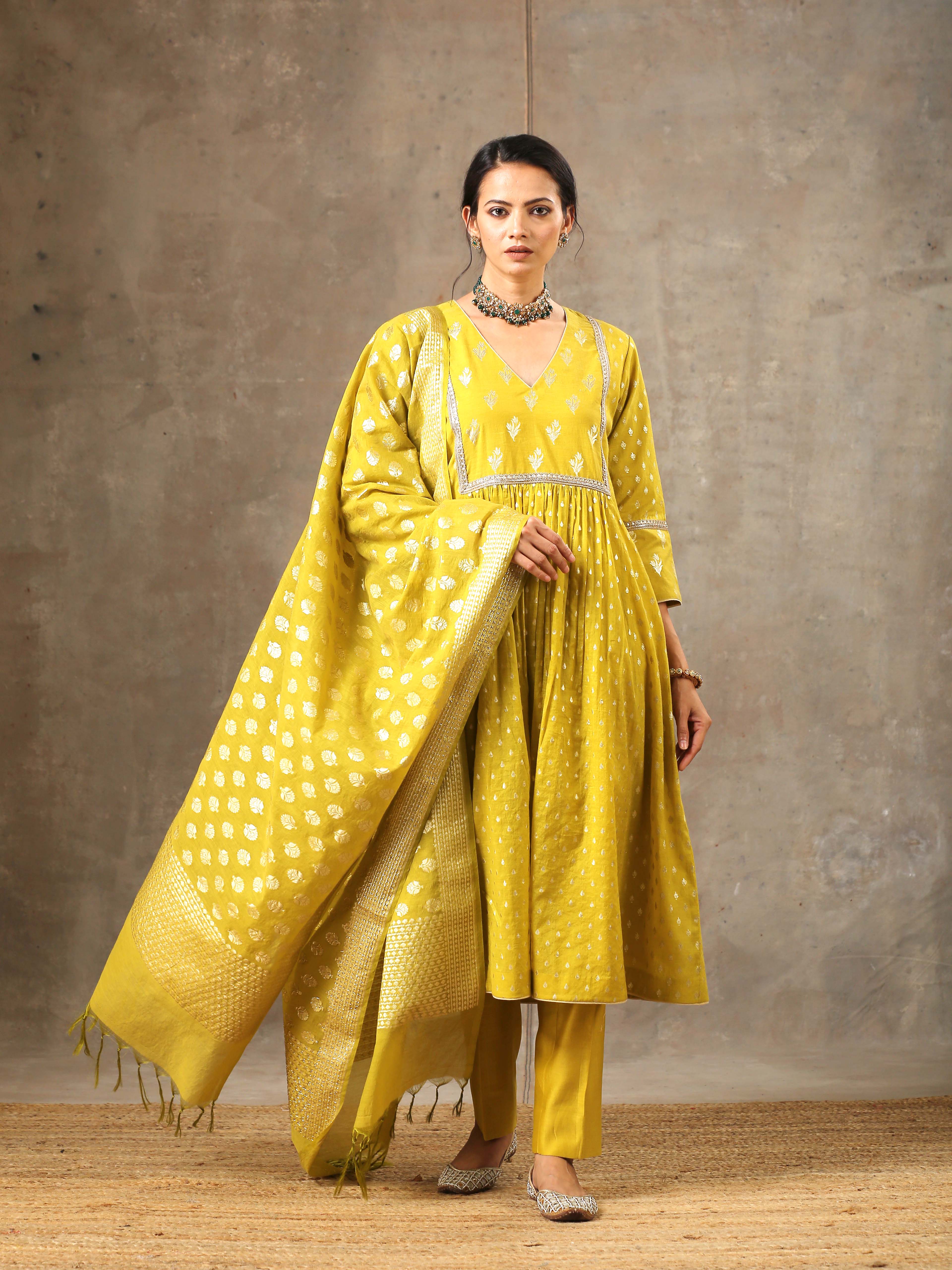 Chanderi Silk Yoke Kurta in Mustard Yellow