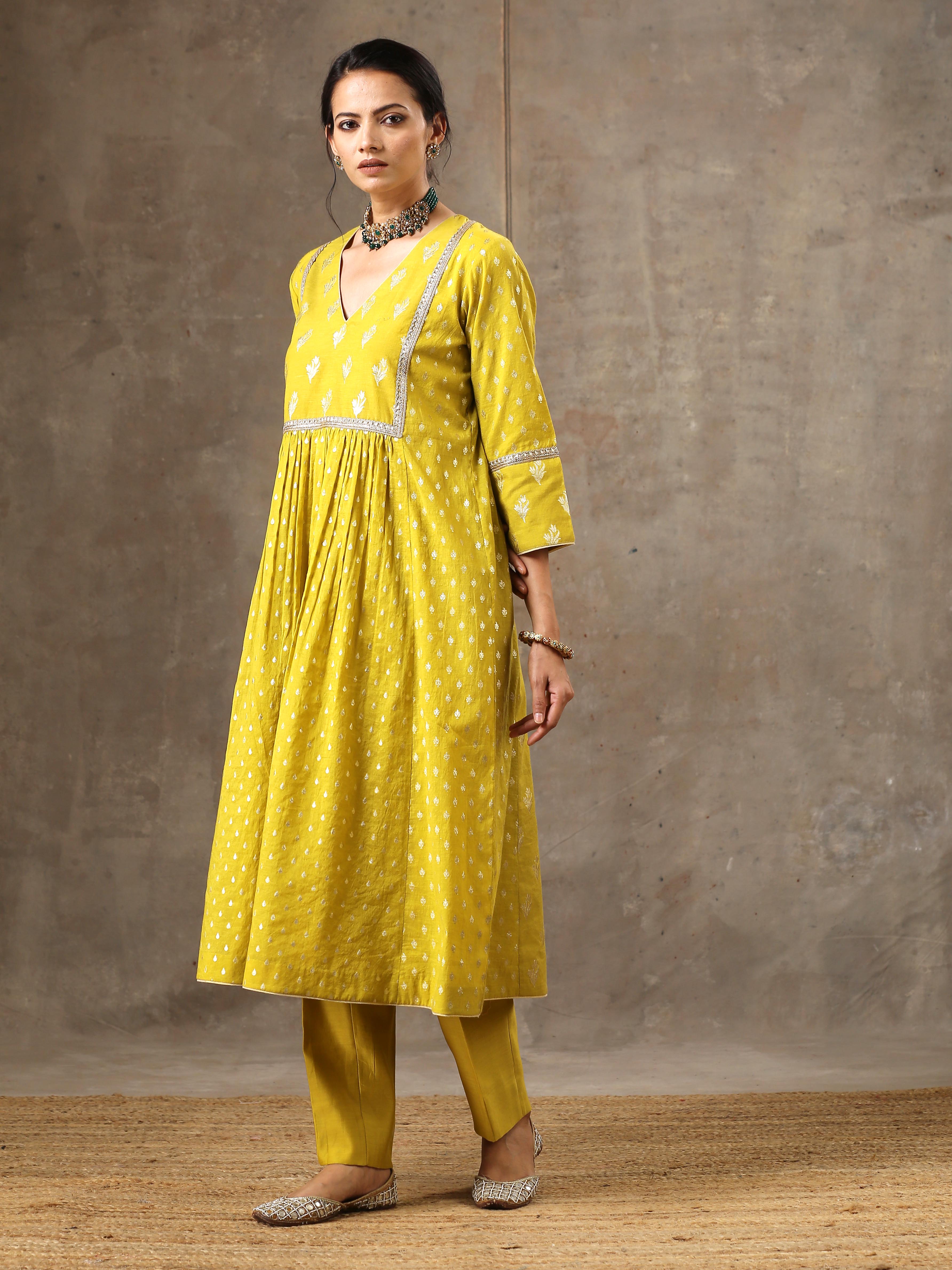 Chanderi Silk Yoke Kurta in Mustard Yellow
