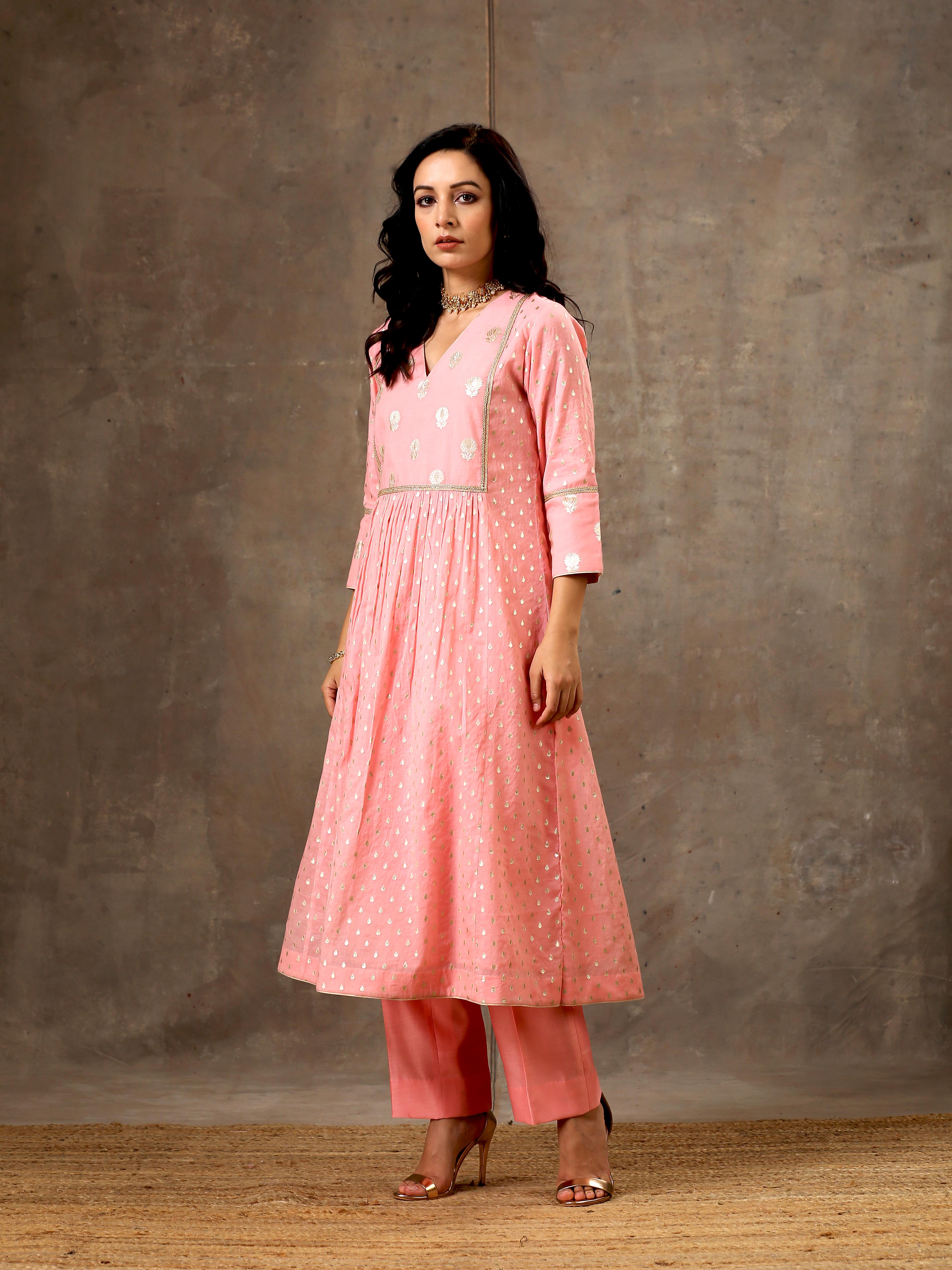 Chanderi Silk Yoke Kurta in Pink Peach Color