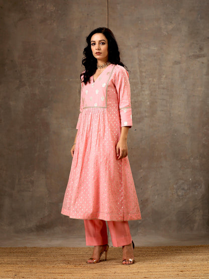 Chanderi Silk Yoke Kurta in Pink Peach Color